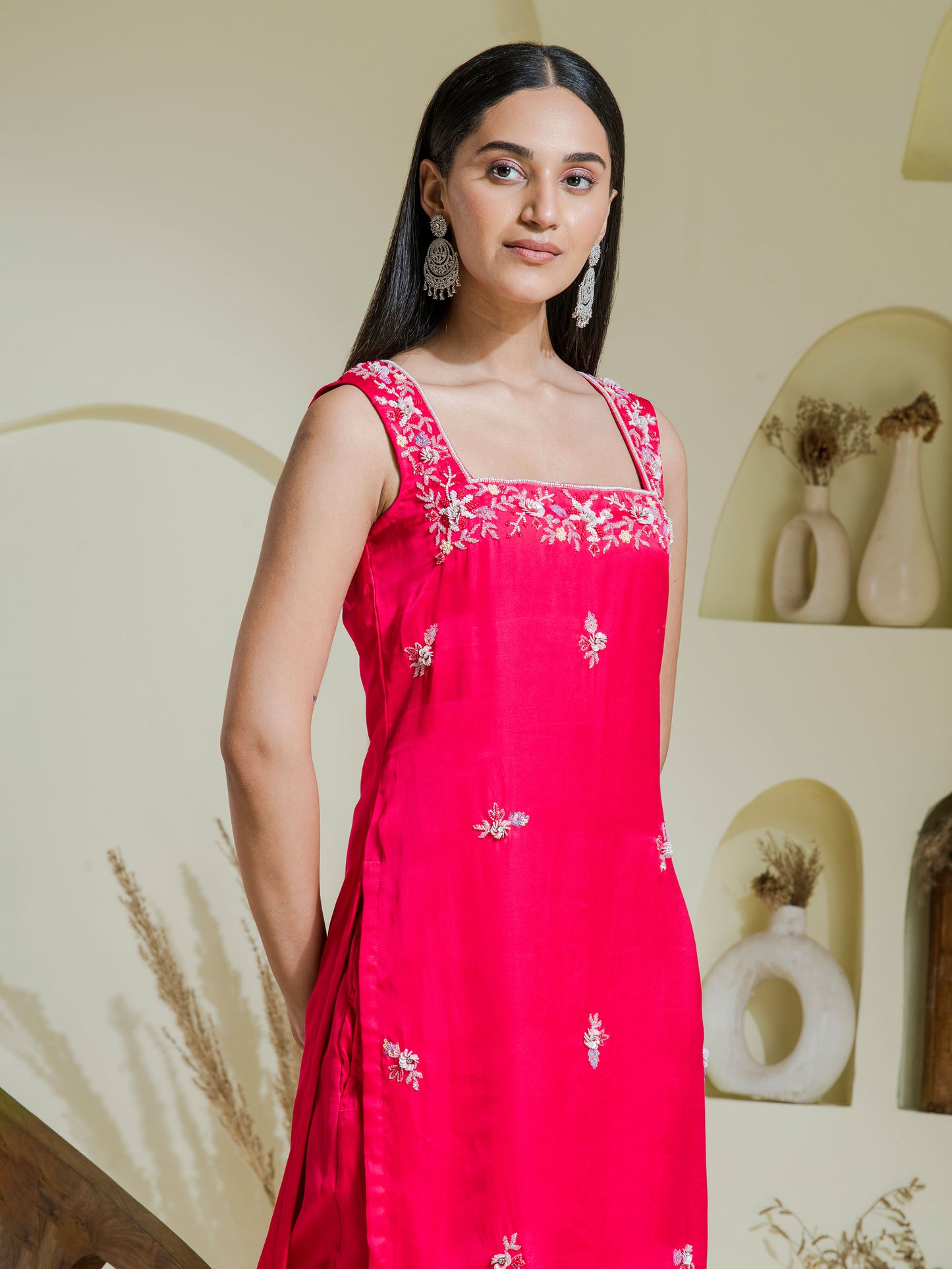 Ruby pink hand embroidered three piece kurta set