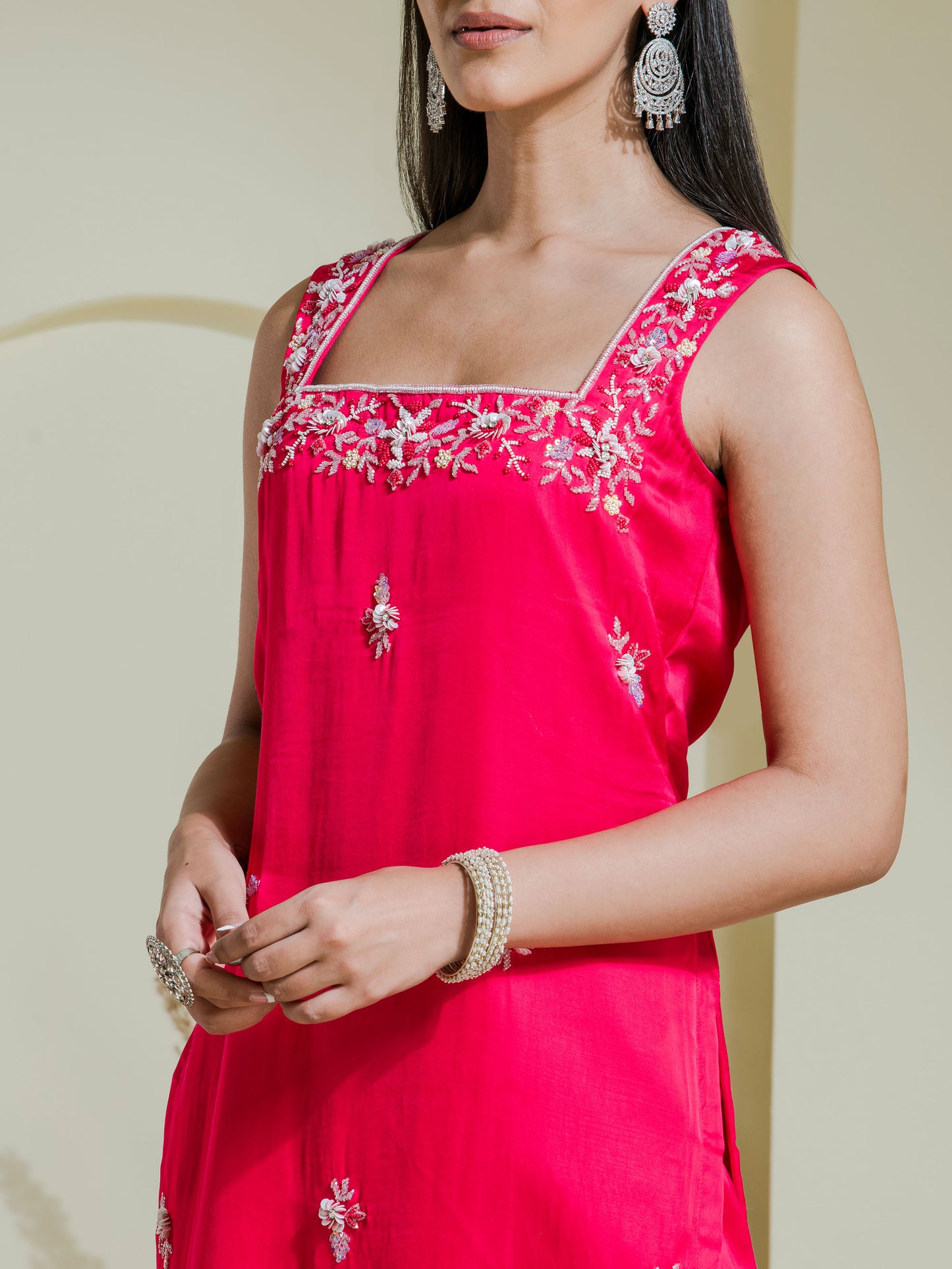Ruby pink hand embroidered three piece kurta set