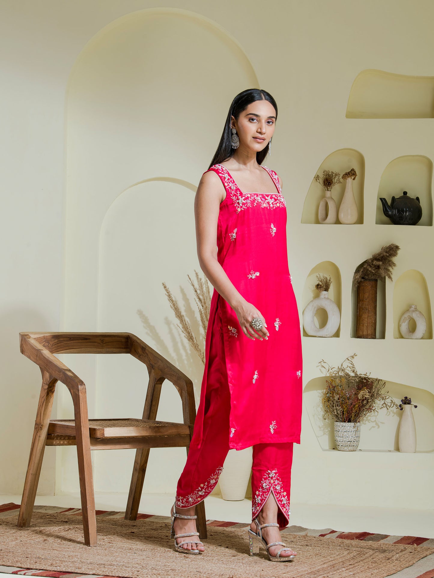 Ruby pink hand embroidered three piece kurta set