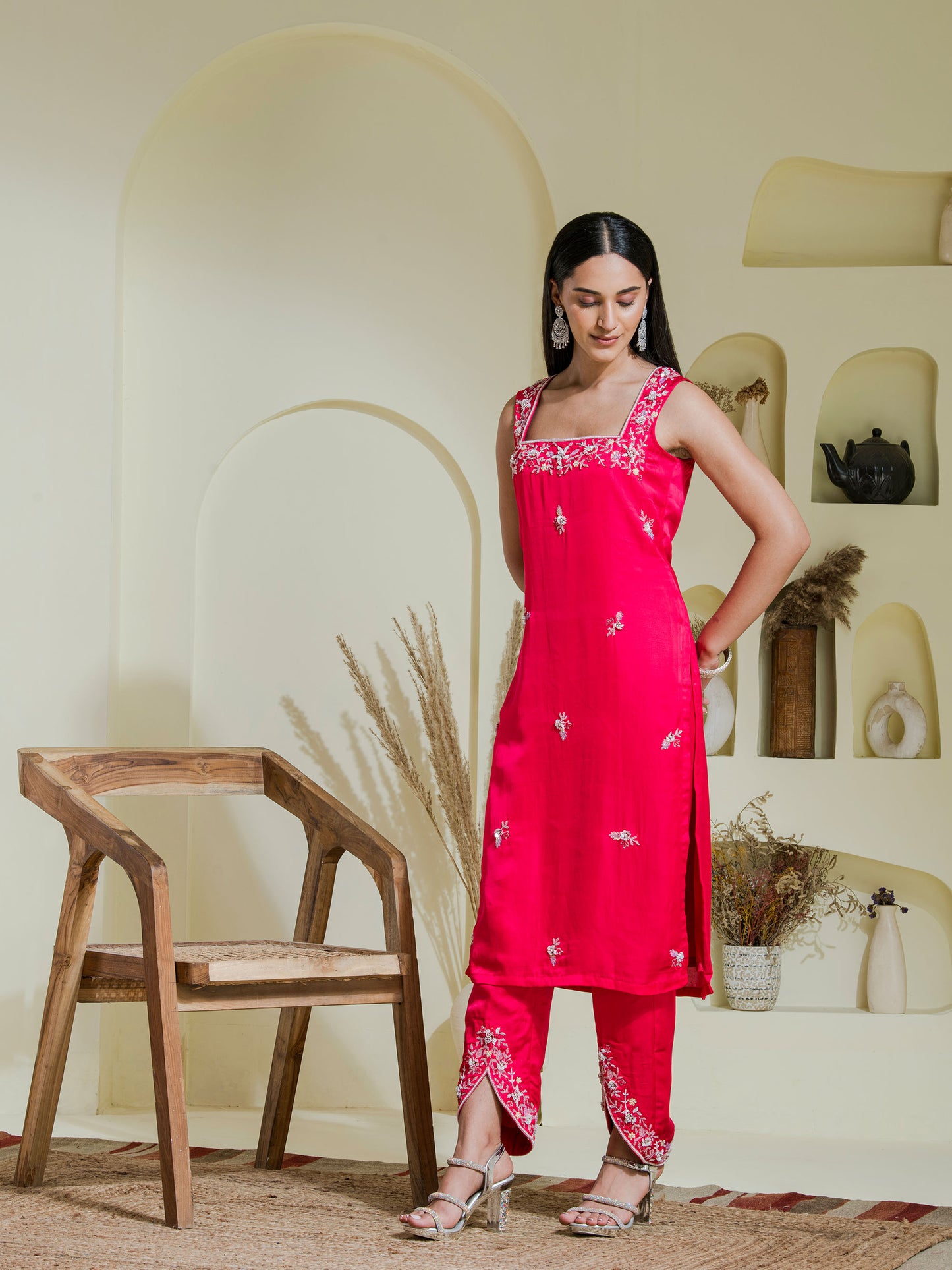 Ruby pink hand embroidered three piece kurta set