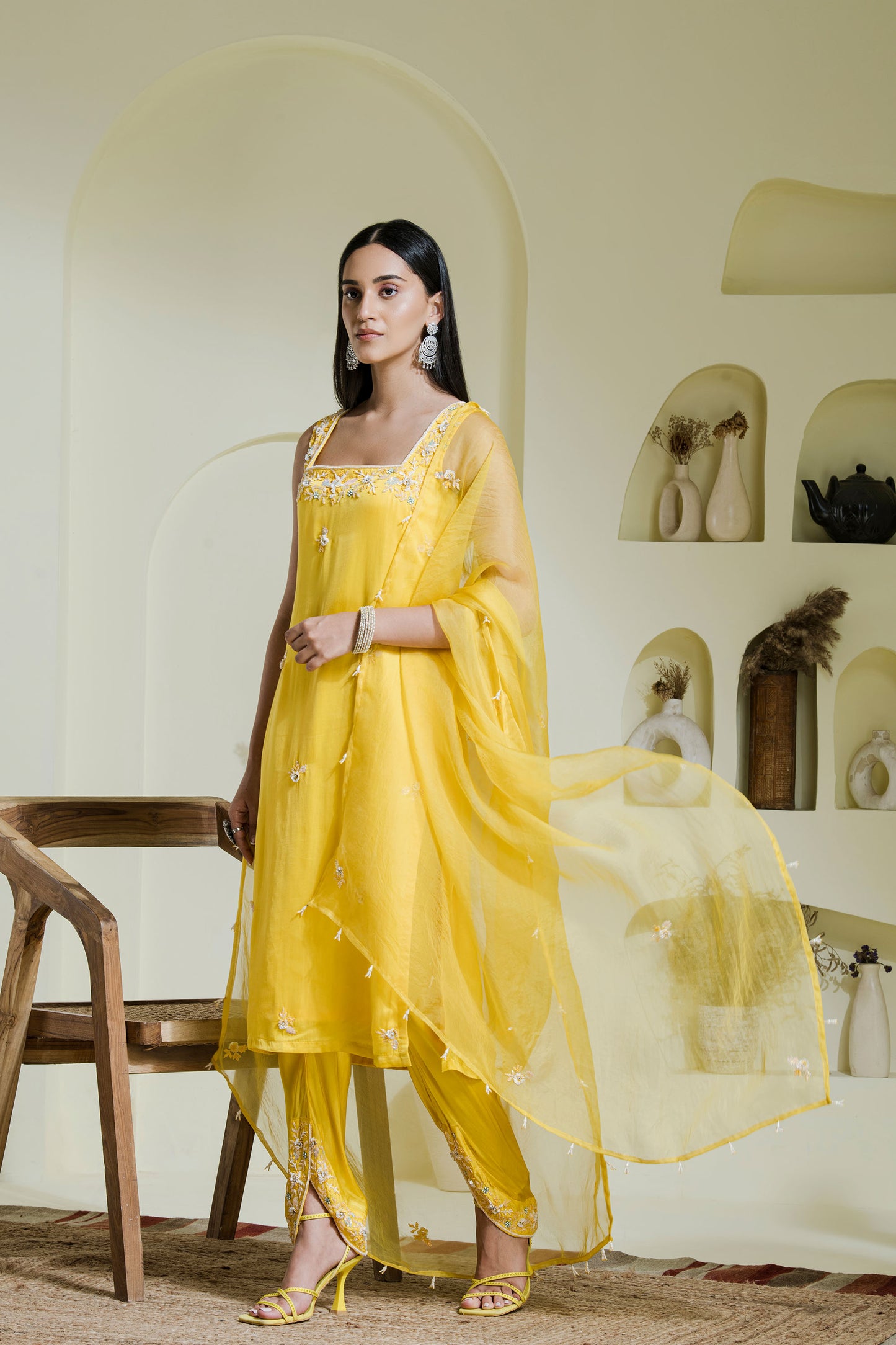 Sunshine yellow hand embroidered three piece kurta set