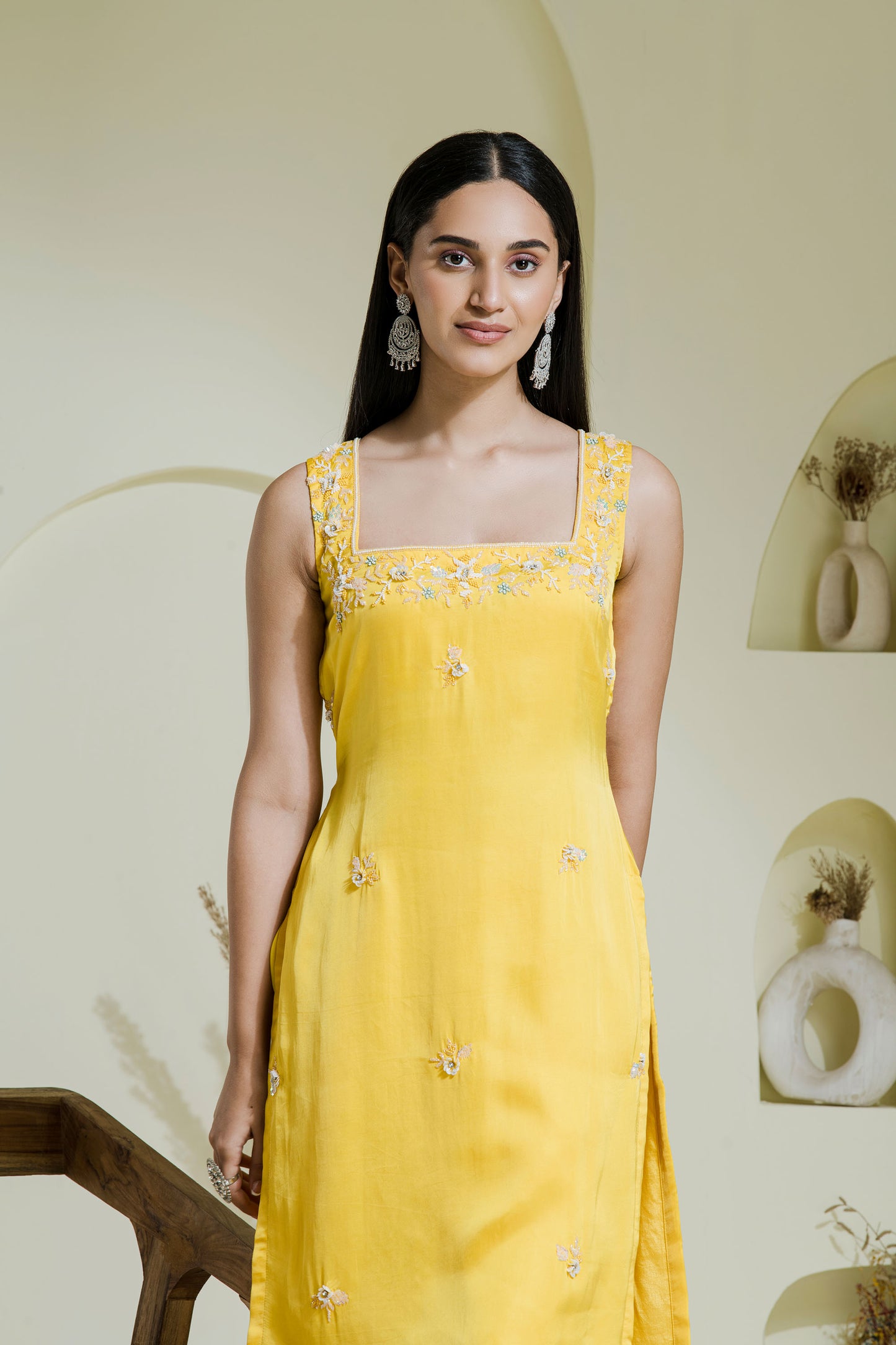 Sunshine yellow hand embroidered three piece kurta set
