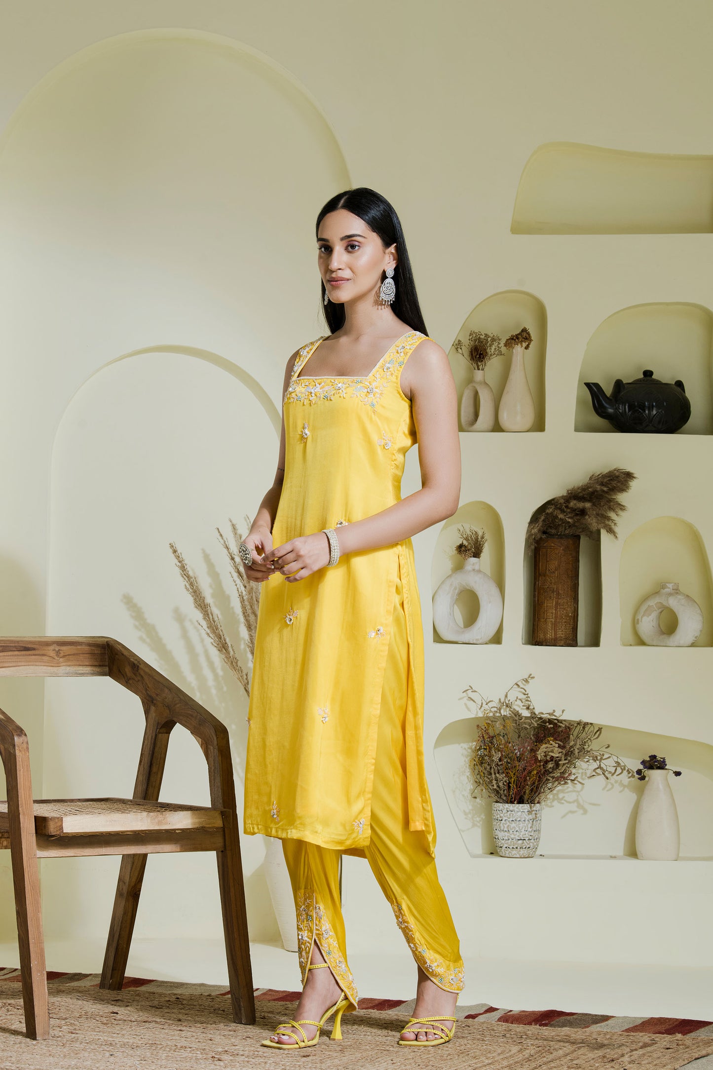 Sunshine yellow hand embroidered three piece kurta set