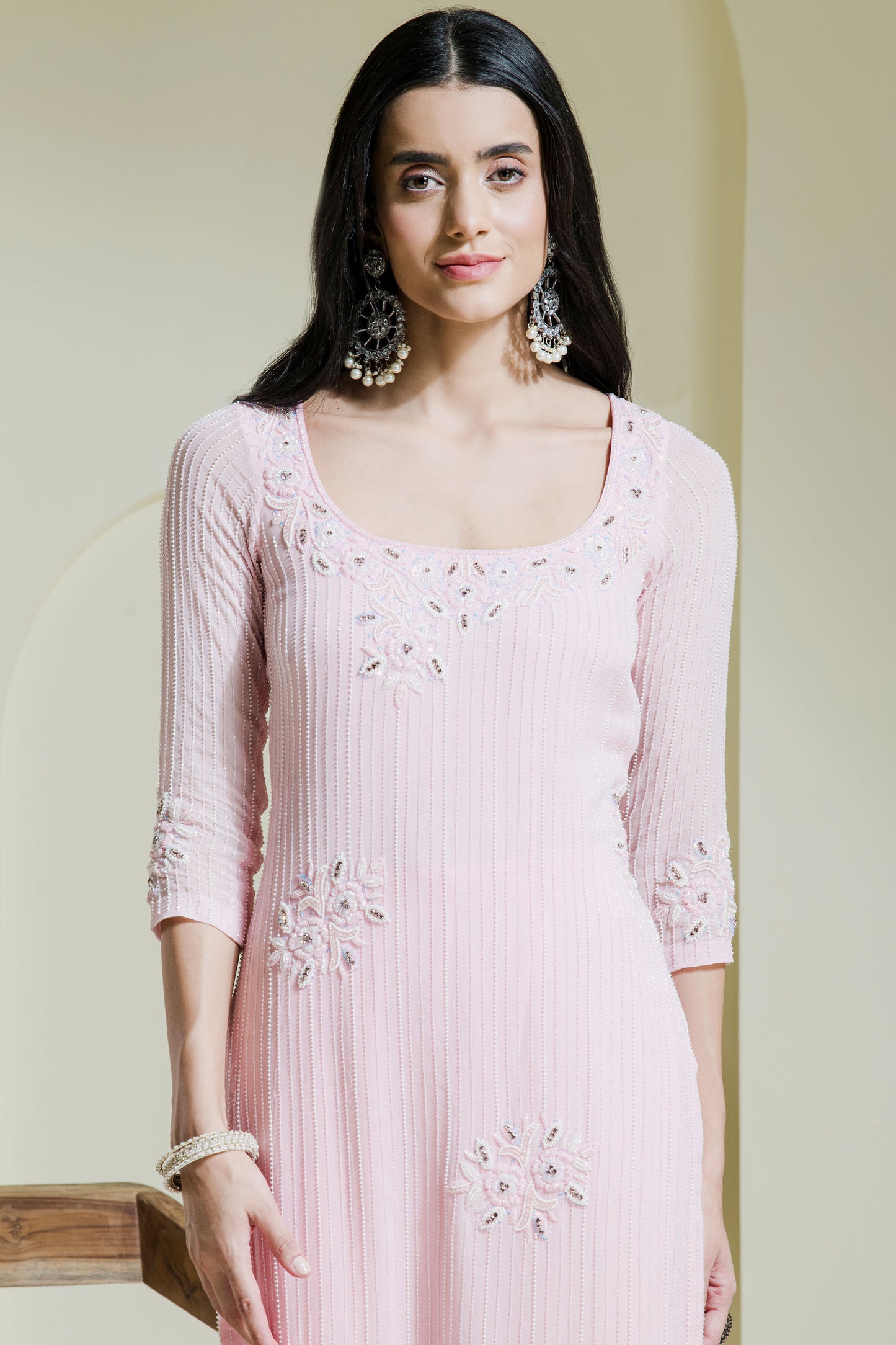 Baby pink hand embroidered three piece kurta set