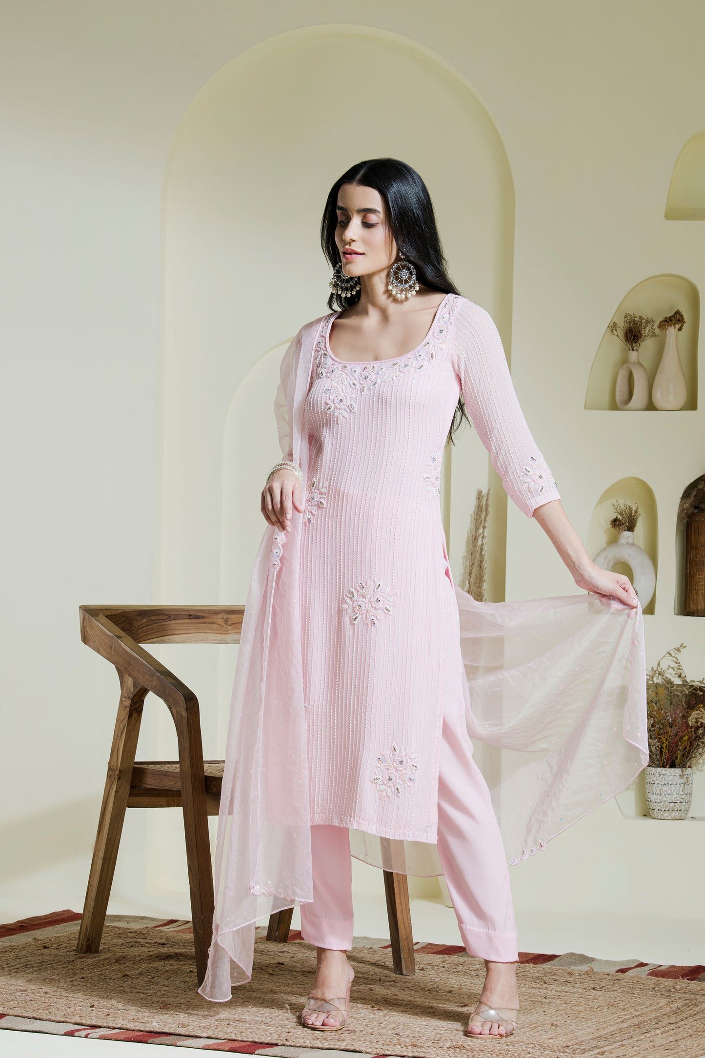 Baby pink hand embroidered three piece kurta set