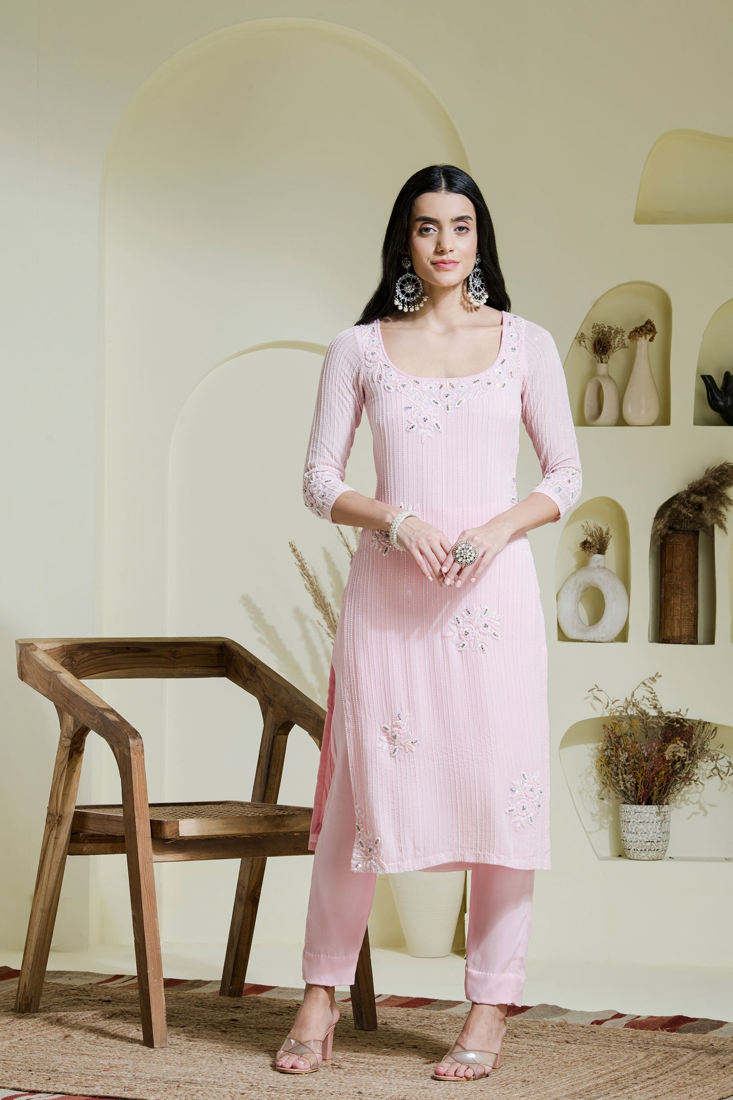 Baby pink hand embroidered three piece kurta set