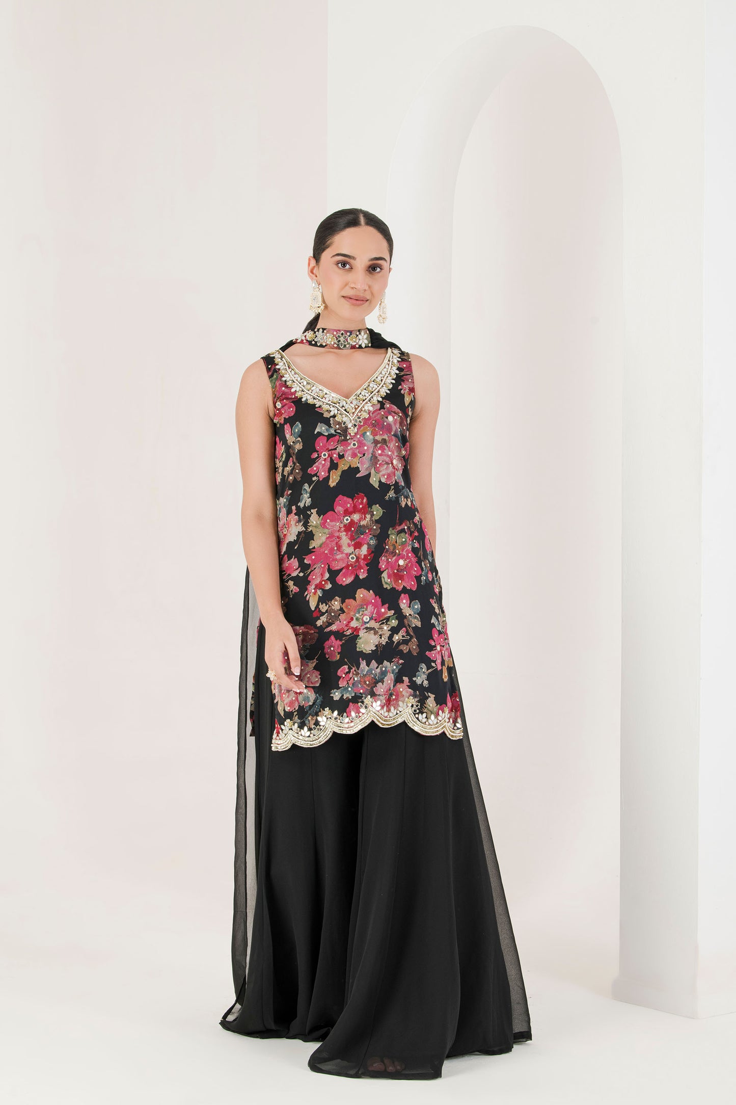 Black floral print embroidered sharara set