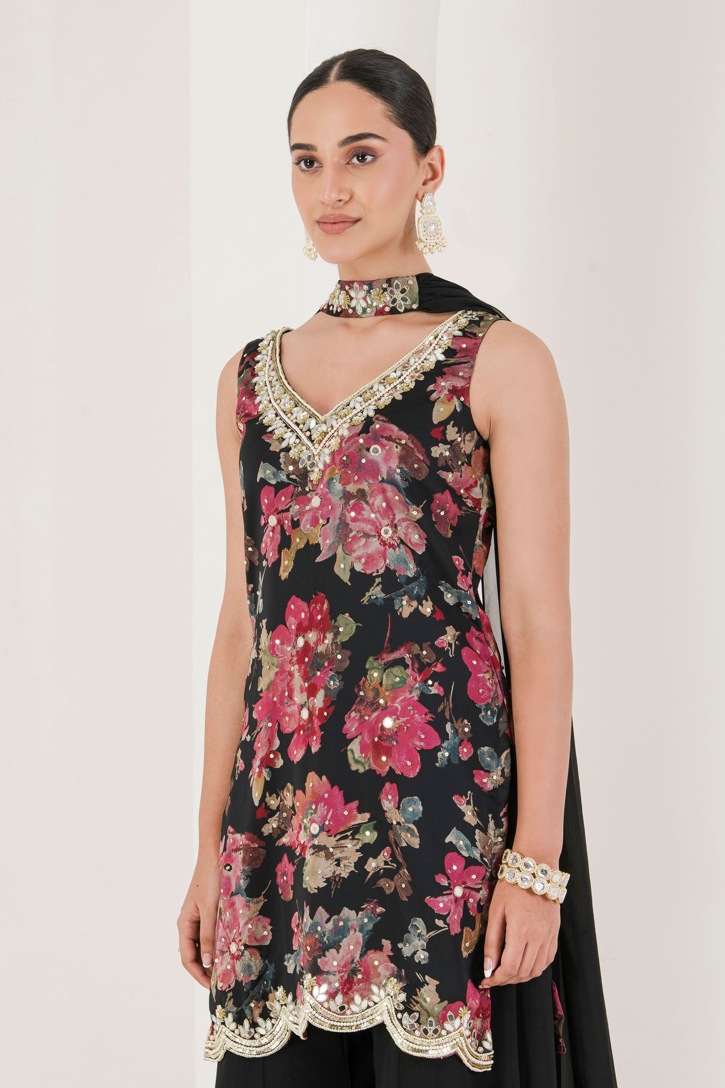 Black floral print embroidered sharara set