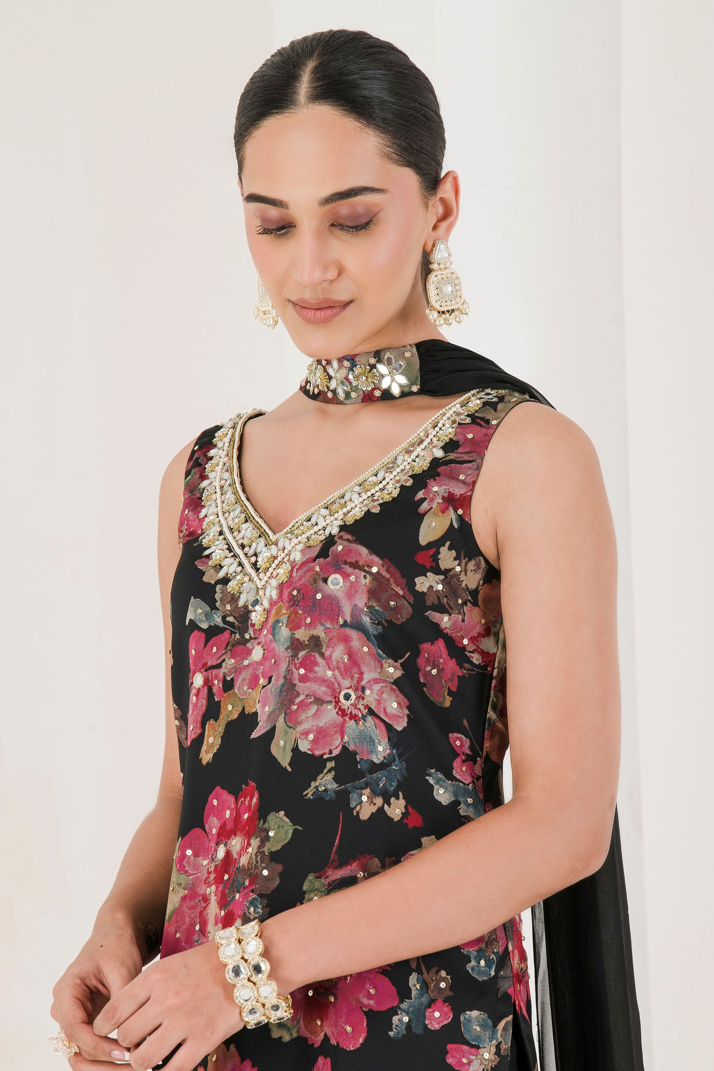Black floral print embroidered sharara set