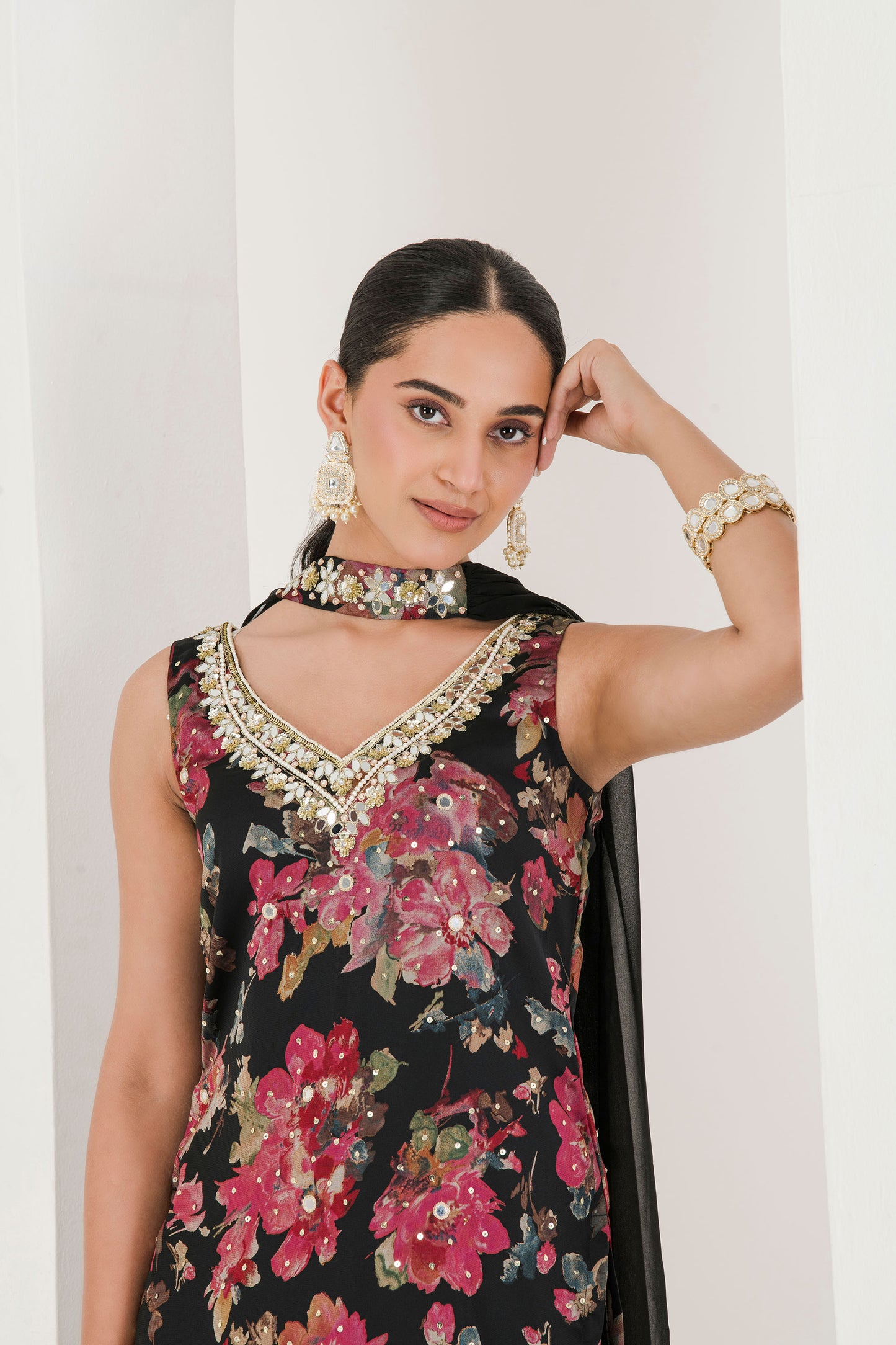 Black floral print embroidered sharara set