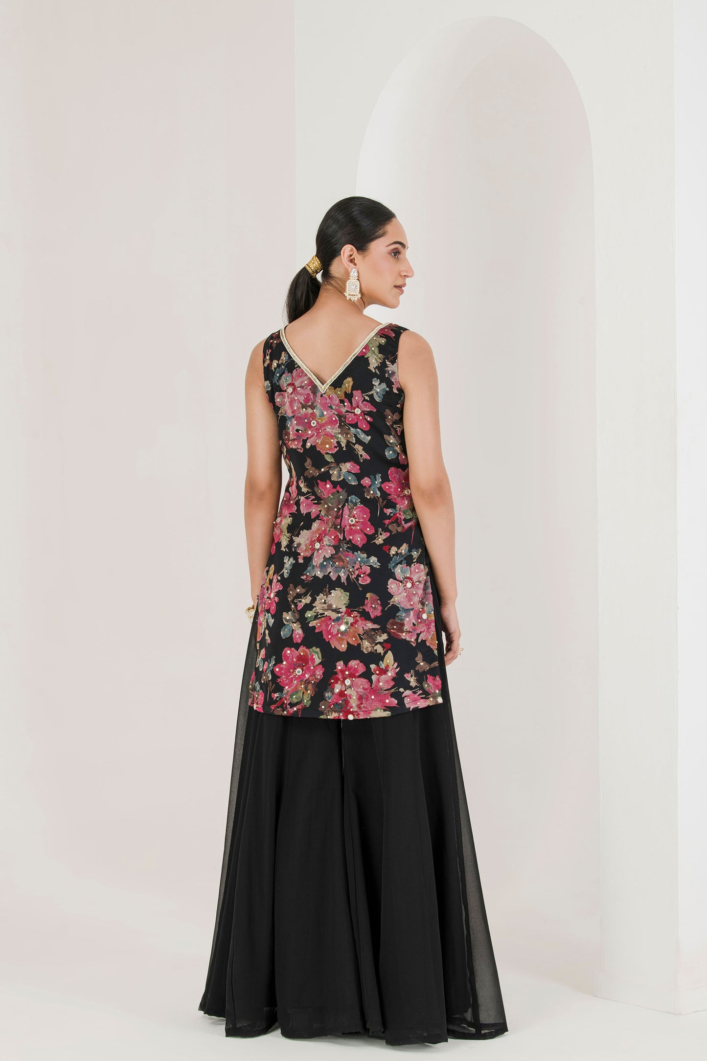Black floral print embroidered sharara set
