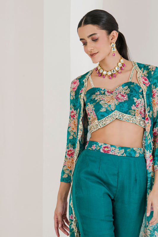Green floral print three piece jacket top pant set