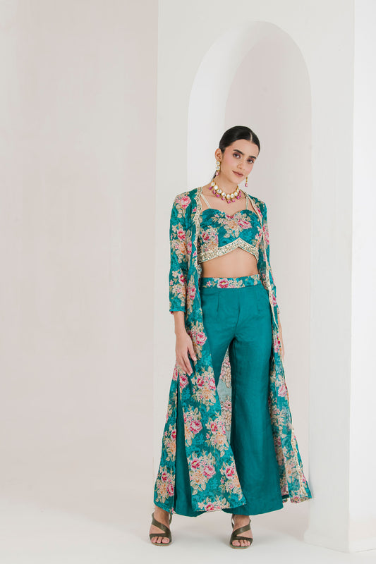 Green floral print three piece jacket top pant set