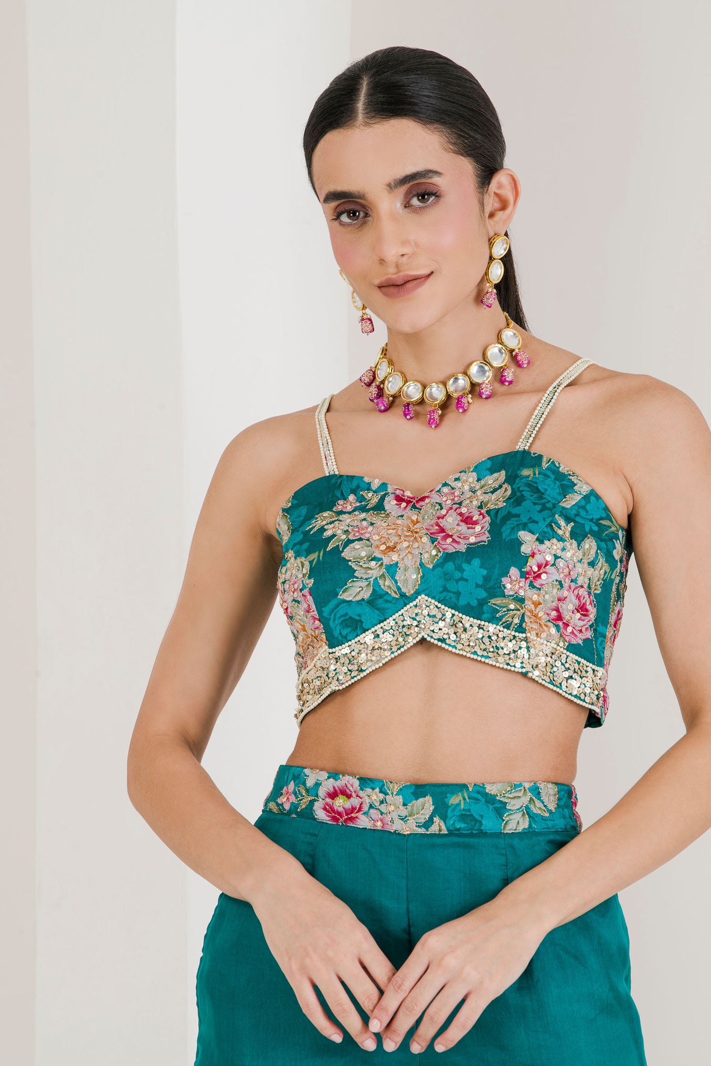 Green floral print three piece jacket top pant set