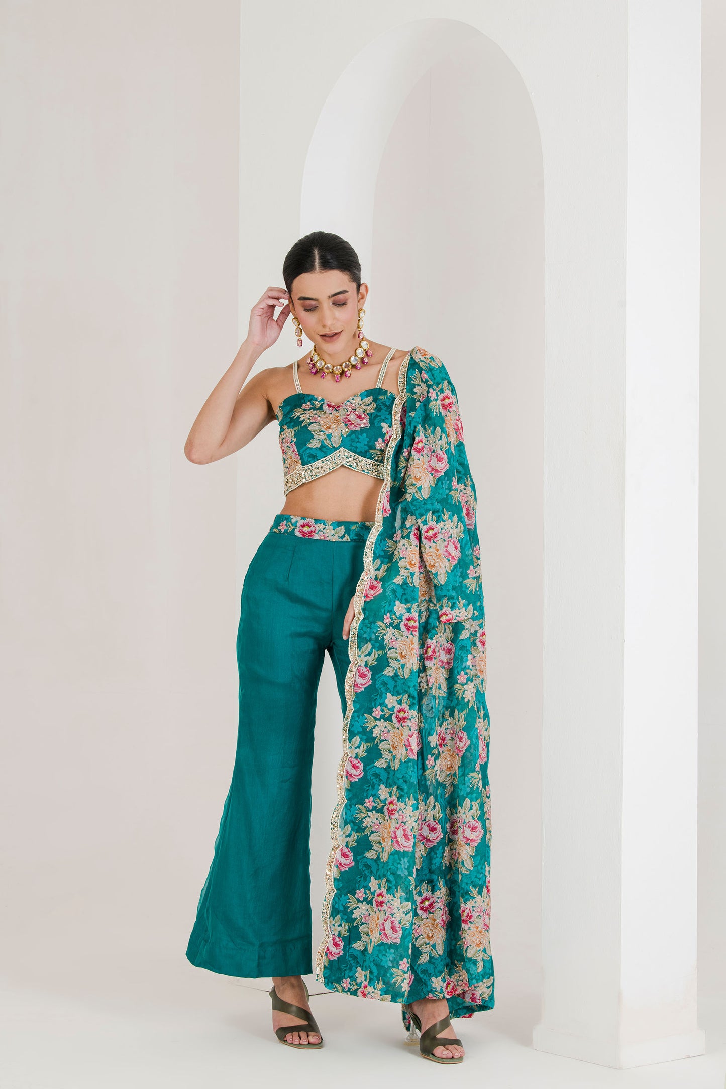 Green floral print three piece jacket top pant set