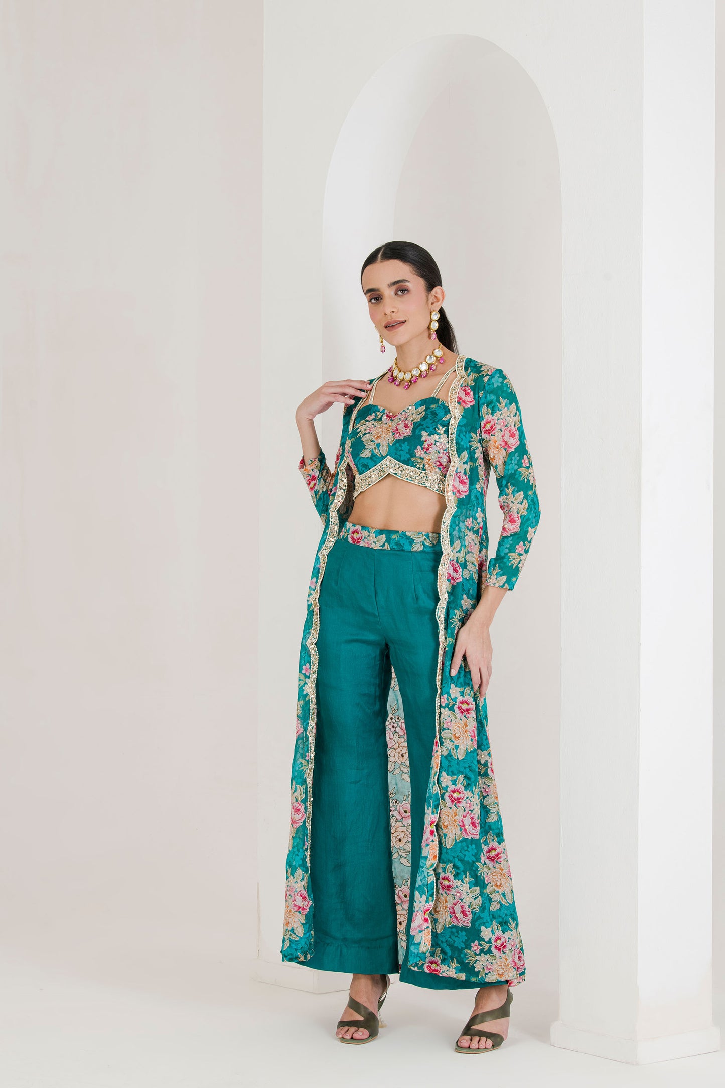 Green floral print three piece jacket top pant set