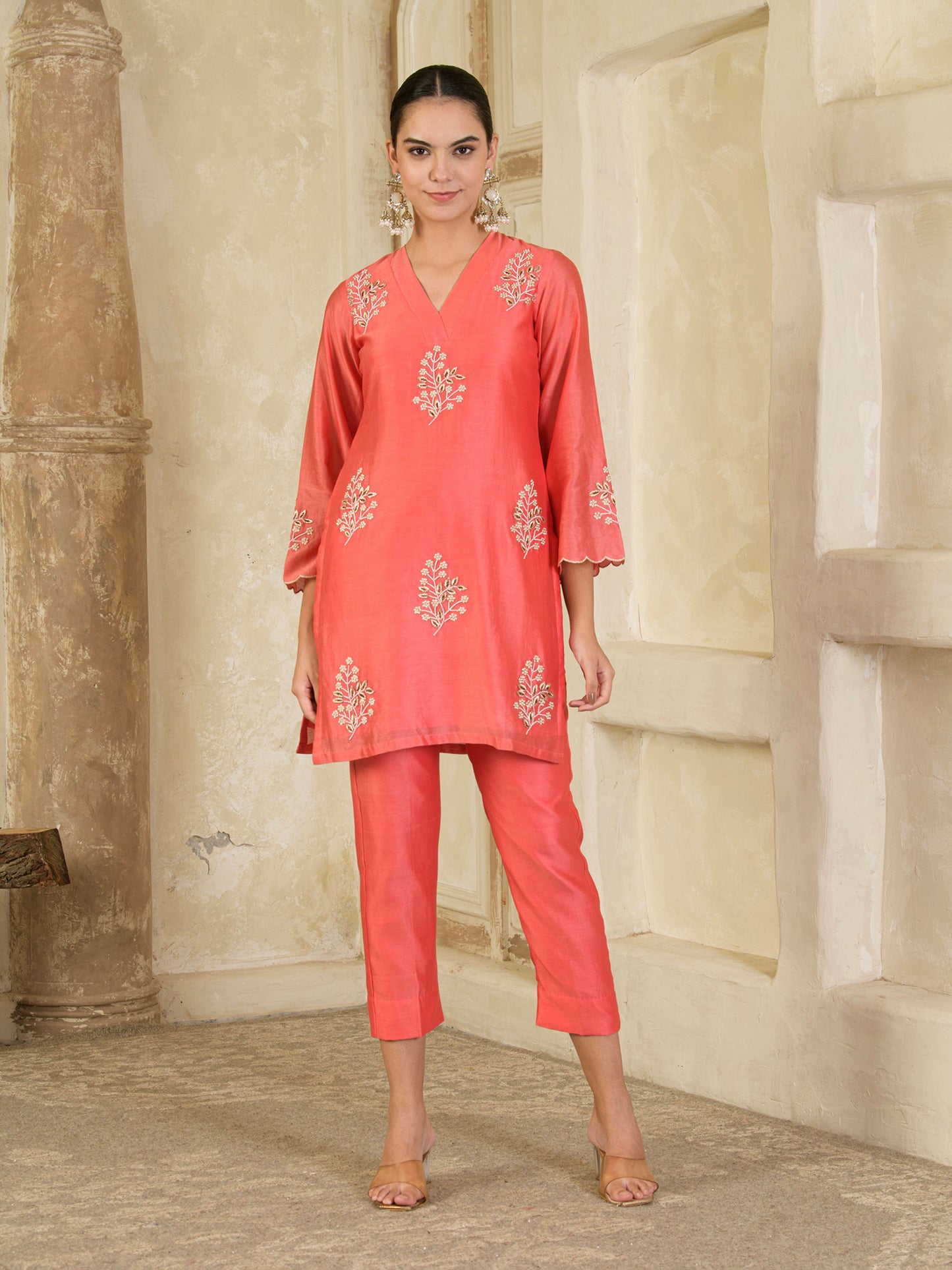 Carrot Pink Embroidered Chanderi Kurta with Pants ( Set of 2 )