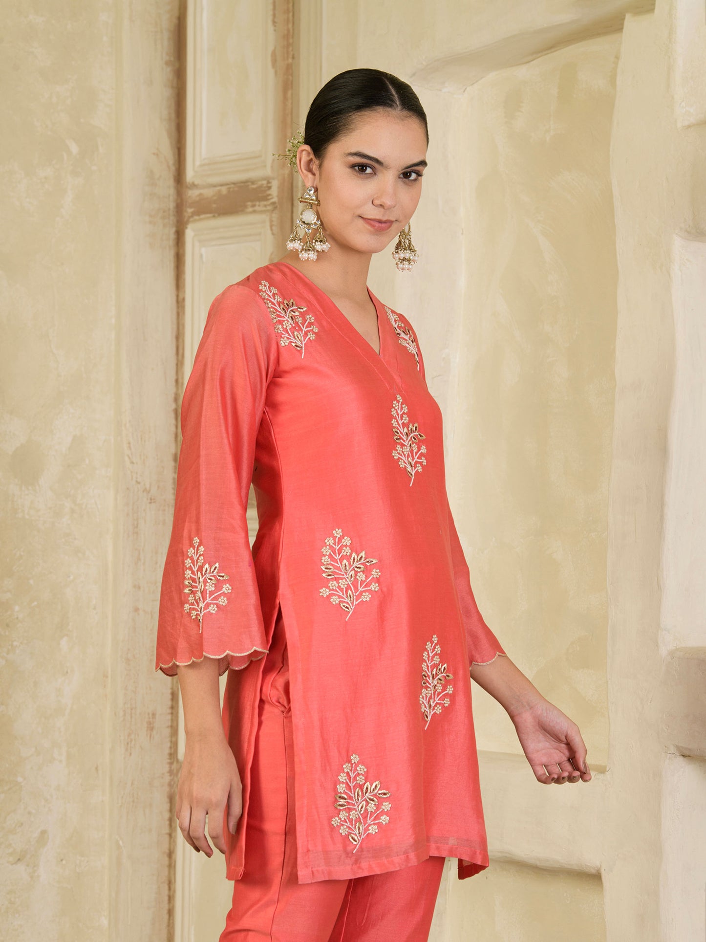 Carrot Pink Embroidered Chanderi Kurta with Pants ( Set of 2 )