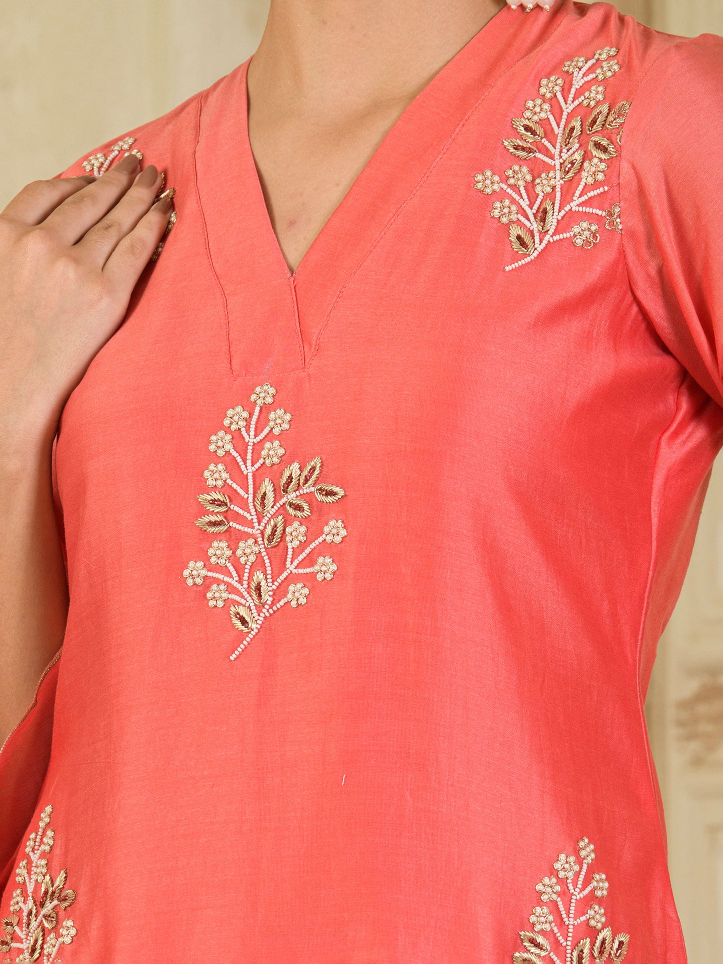 Carrot Pink Embroidered Chanderi Kurta with Pants ( Set of 2 )