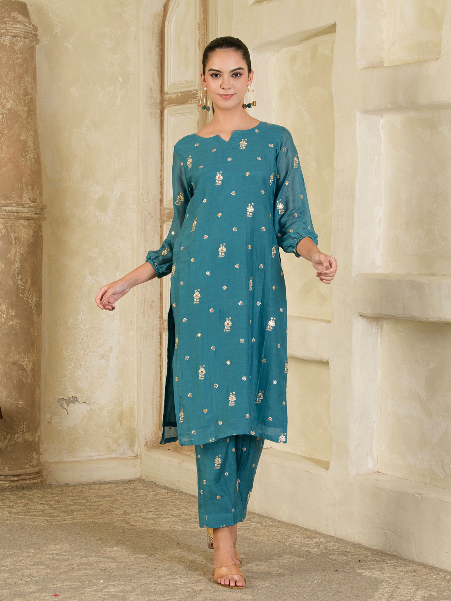 Teal Blue Embroidered Chanderi Kurta with Pants ( Set of 2 )