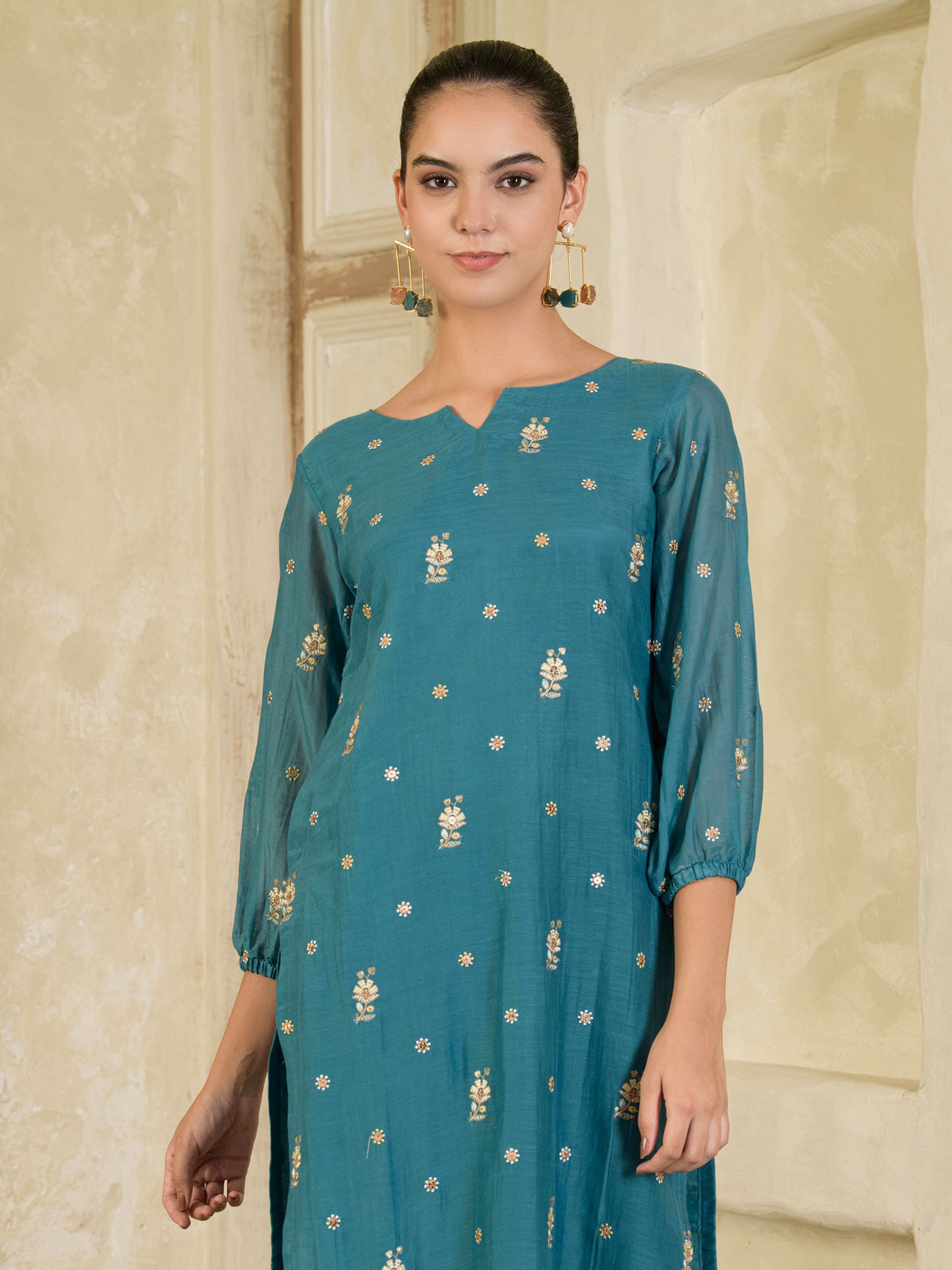 Teal Blue Embroidered Chanderi Kurta with Pants ( Set of 2 )