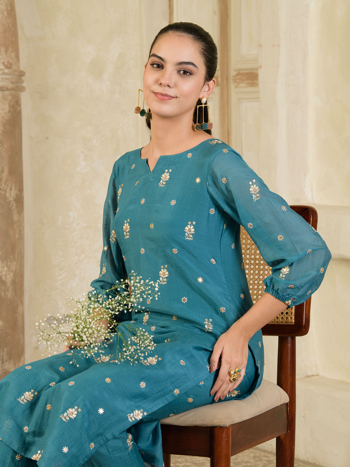 Teal Blue Embroidered Chanderi Kurta with Pants ( Set of 2 )