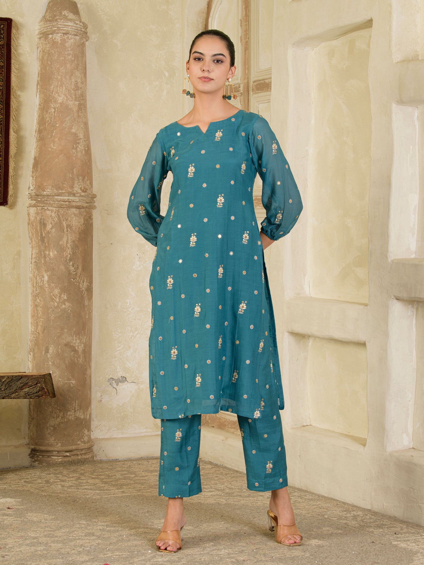Teal Blue Embroidered Chanderi Kurta with Pants ( Set of 2 )