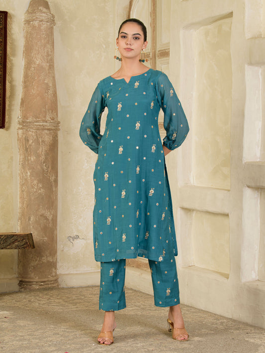 Teal Blue Embroidered Chanderi Kurta with Pants ( Set of 2 )