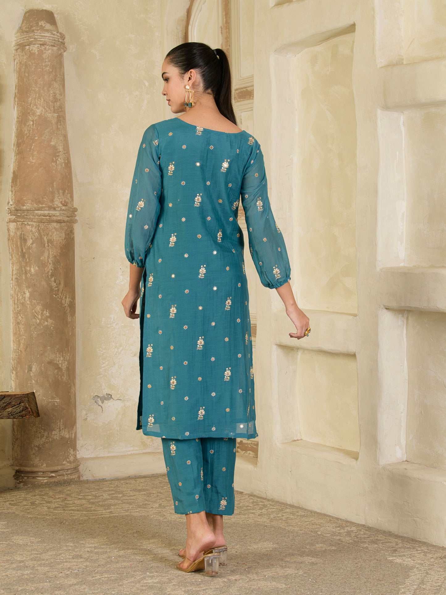 Teal Blue Embroidered Chanderi Kurta with Pants ( Set of 2 )