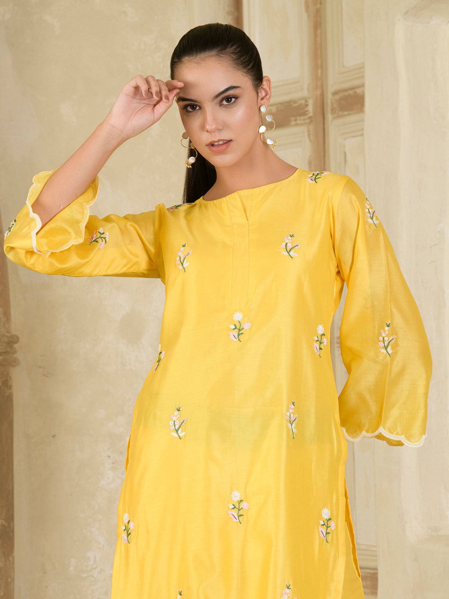 Vibrant Yellow Hand Embroidered Chanderi Kurta and Pants ( Set of 2 )