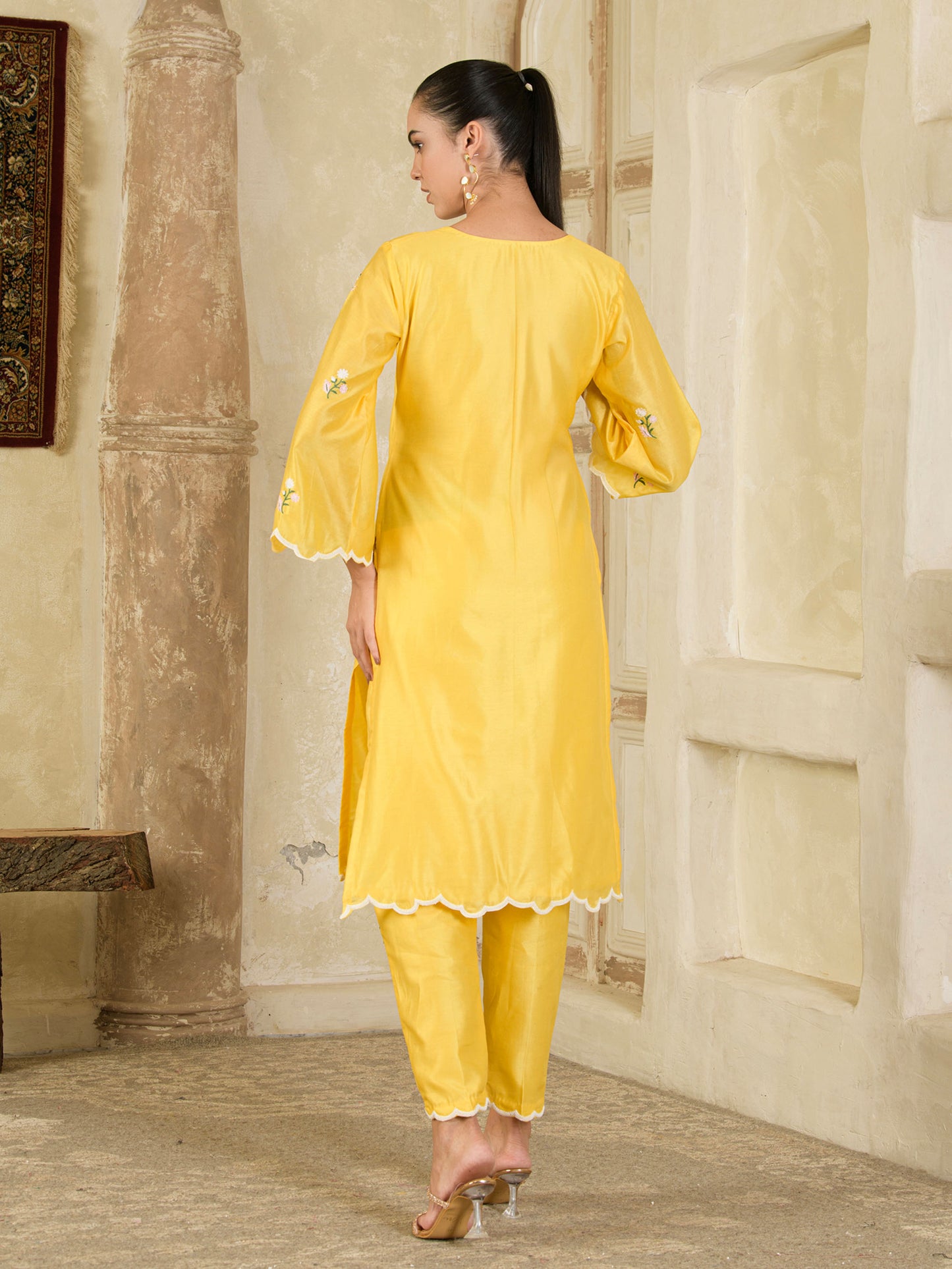 Vibrant Yellow Hand Embroidered Chanderi Kurta and Pants ( Set of 2 )