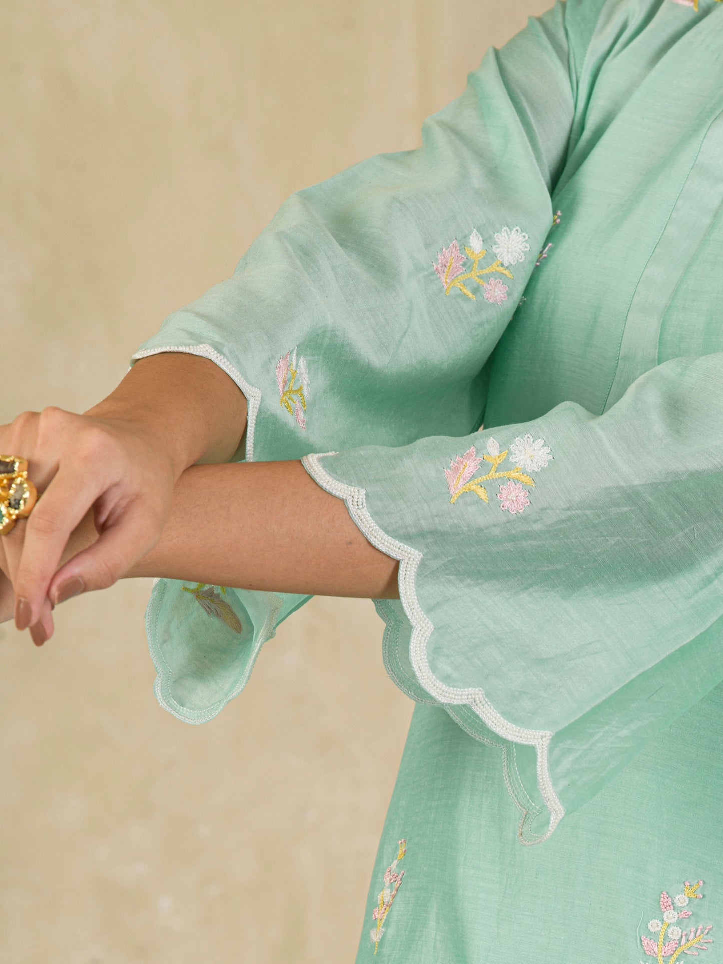 Mint Green Hand Embroidered Chanderi Kurta and Pants ( Set of 2 )