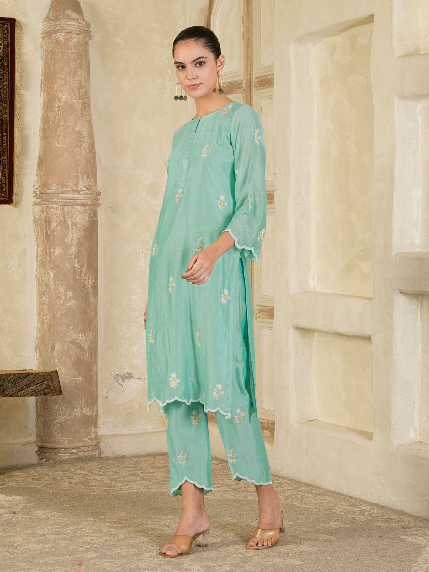 Mint Green Hand Embroidered Chanderi Kurta and Pants ( Set of 2 )