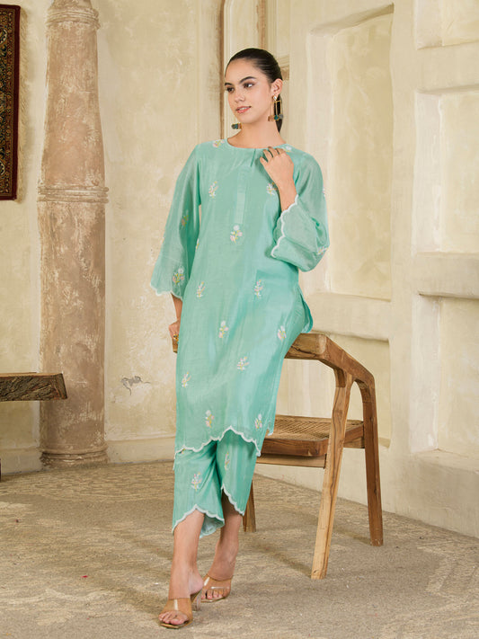 Mint Green Hand Embroidered Chanderi Kurta and Pants ( Set of 2 )