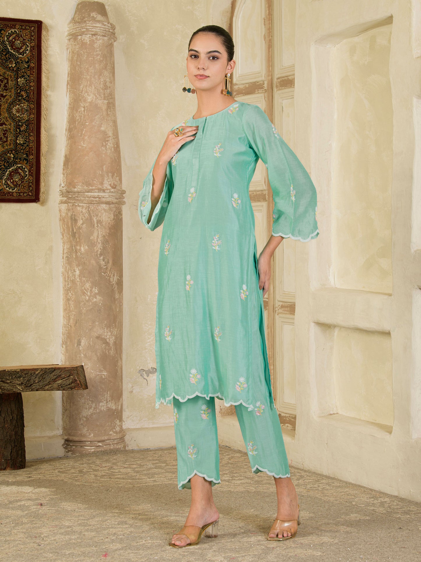 Mint Green Hand Embroidered Chanderi Kurta and Pants ( Set of 2 )
