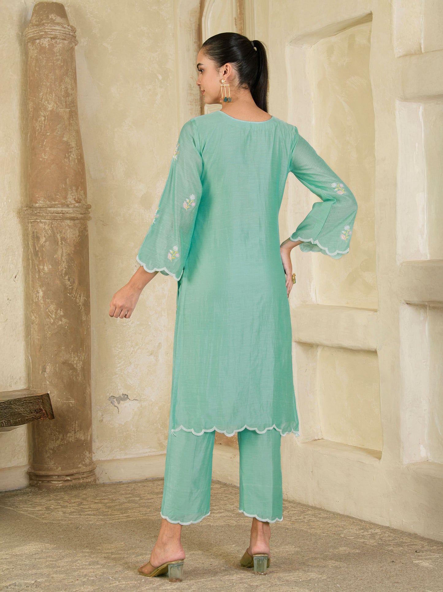 Mint Green Hand Embroidered Chanderi Kurta and Pants ( Set of 2 )