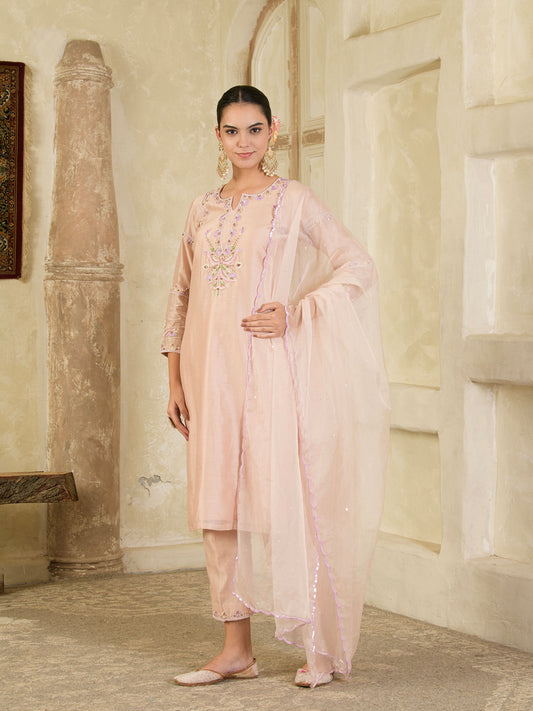 Beige Hand Embroidered Chanderi Kurta Set ( Set of 3 )