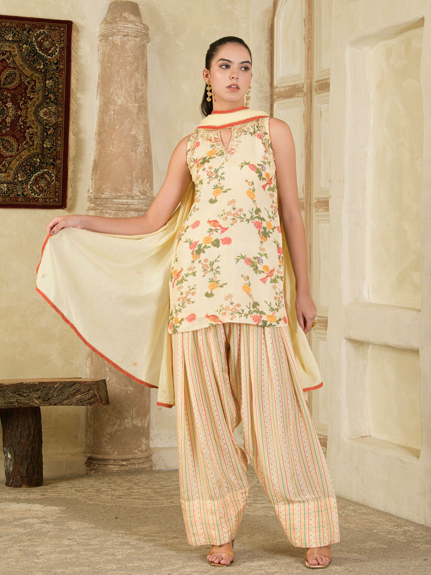 Cream Print with hand embroidery Farsi Salwar Kurta set ( set of 3 )