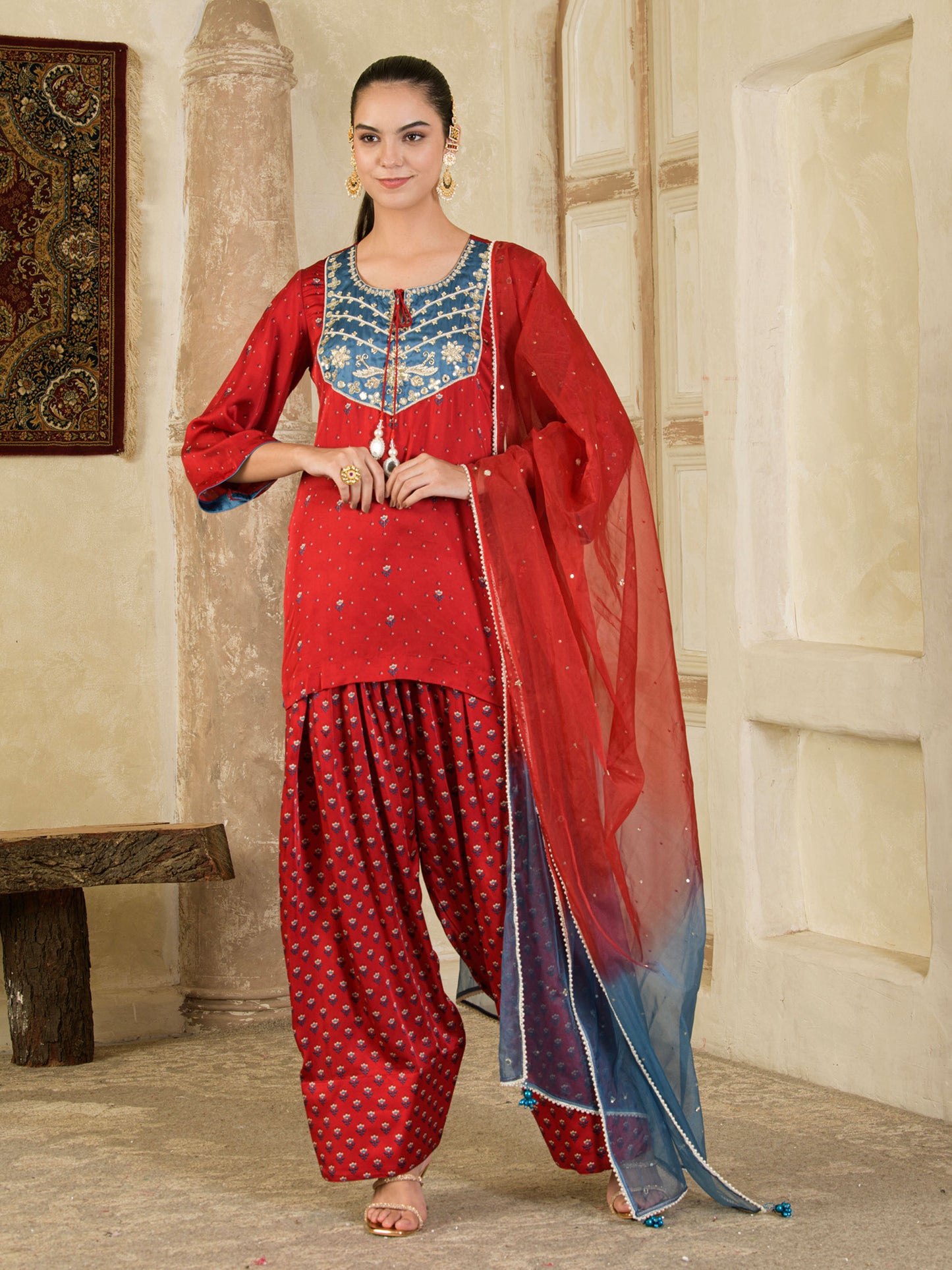 Maroon Print with Hand Embroidery Farsi Salwar Kurta set ( set of 3)