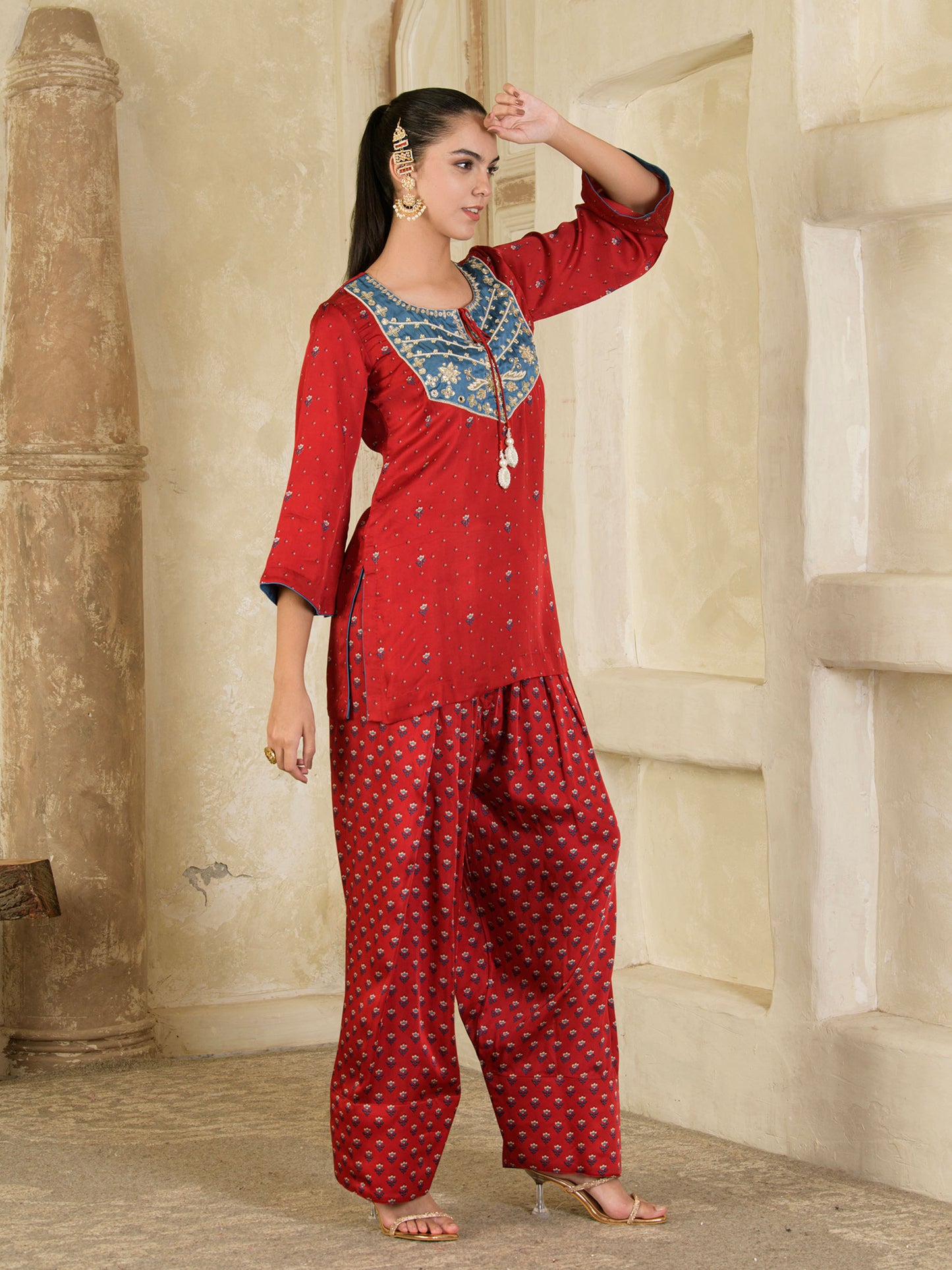 Maroon Print with Hand Embroidery Farsi Salwar Kurta set ( set of 3)