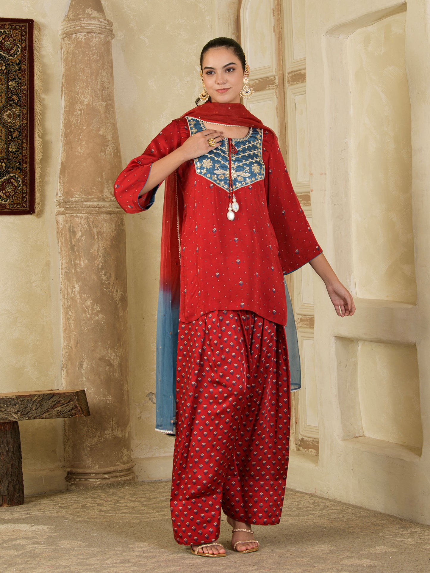 Maroon Print with Hand Embroidery Farsi Salwar Kurta set ( set of 3)