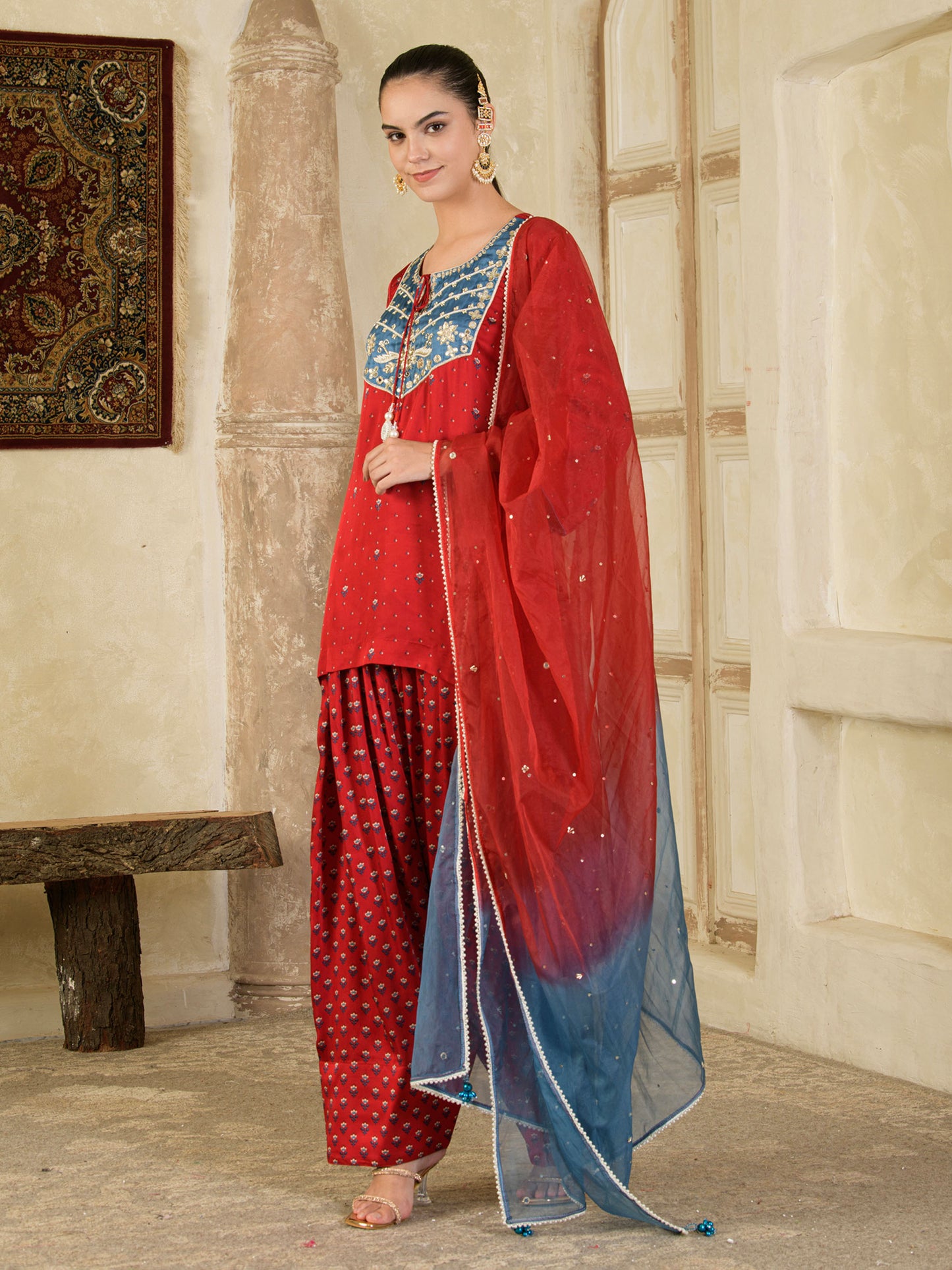 Maroon Print with Hand Embroidery Farsi Salwar Kurta set ( set of 3)