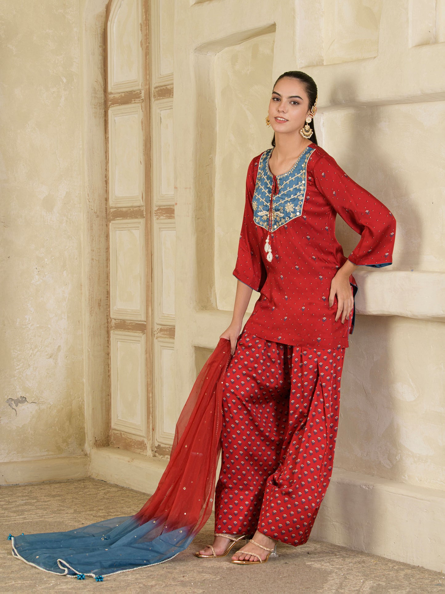 Maroon Print with Hand Embroidery Farsi Salwar Kurta set ( set of 3)