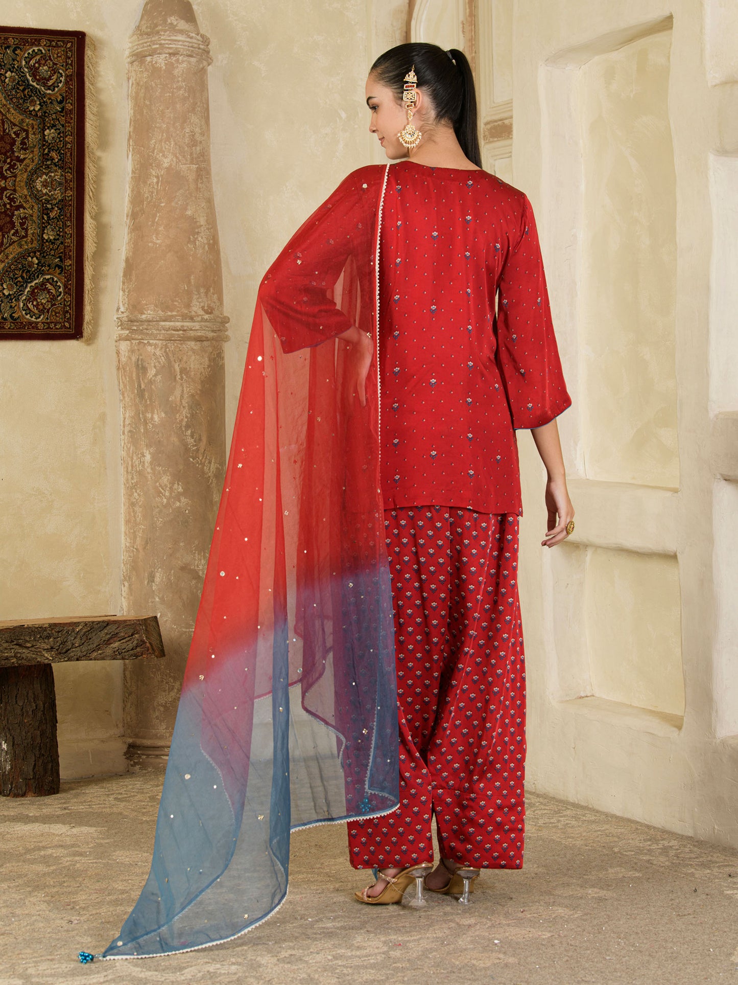 Maroon Print with Hand Embroidery Farsi Salwar Kurta set ( set of 3)