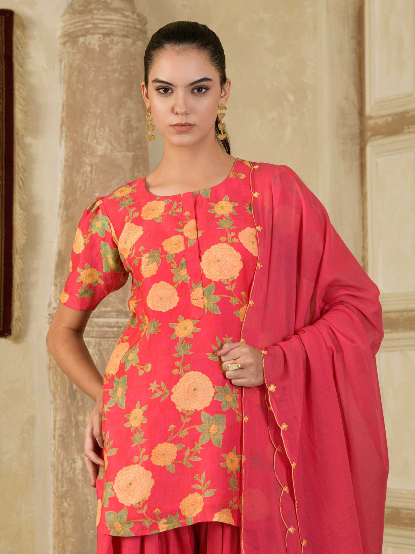 Pink Printed Farsi Salwar Kurta Set ( set of 3 )