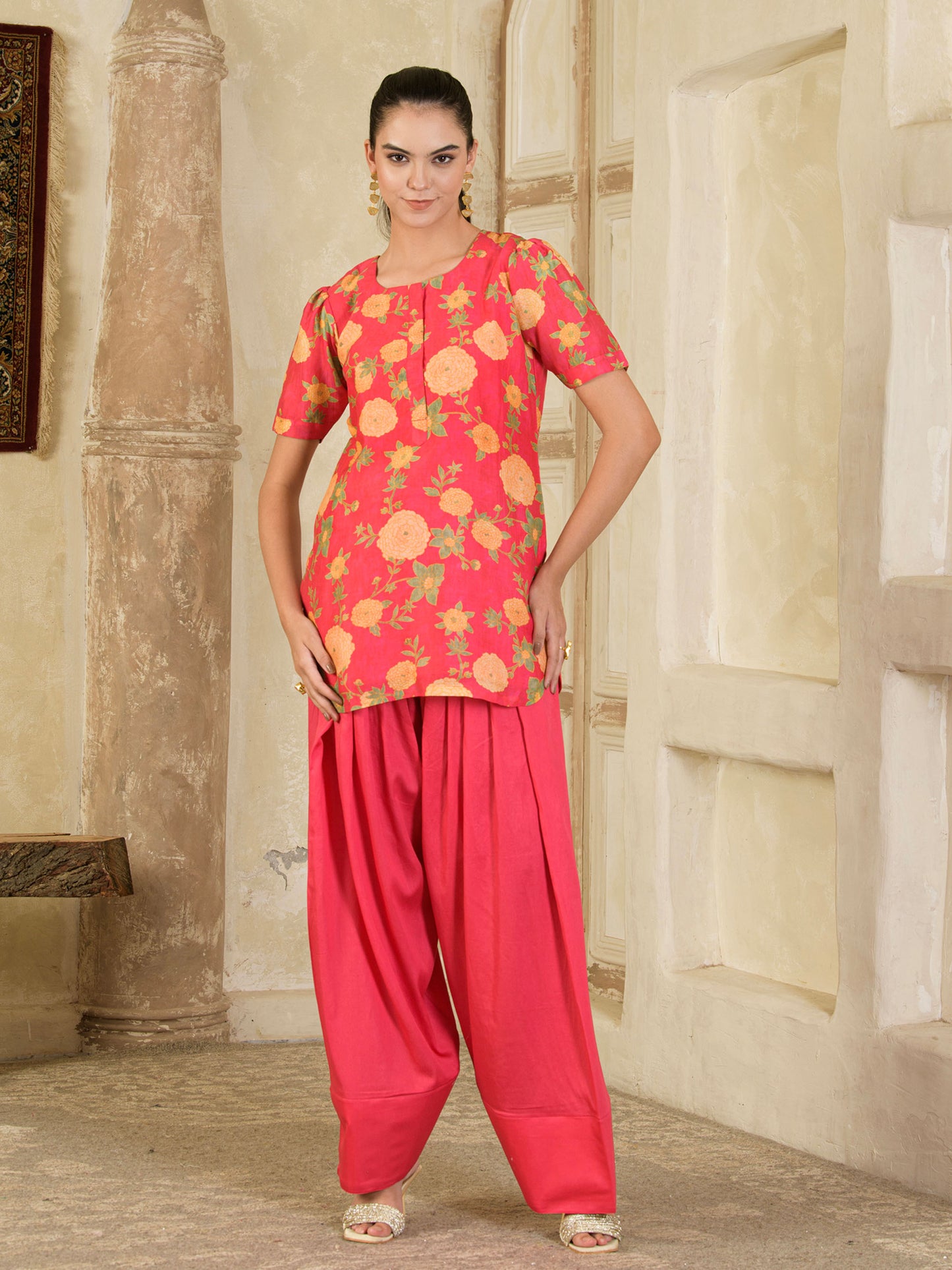 Pink Printed Farsi Salwar Kurta Set ( set of 3 )