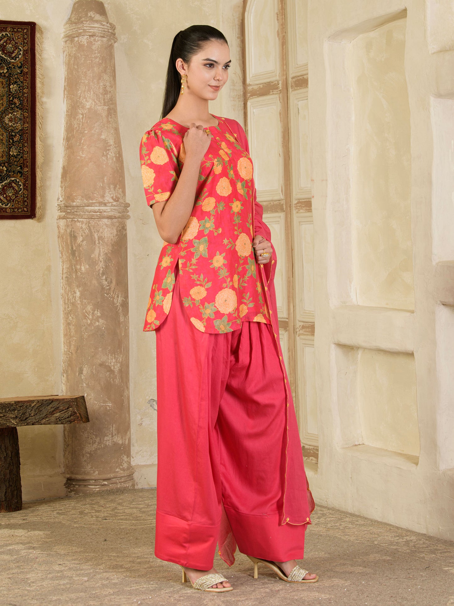 Pink Printed Farsi Salwar Kurta Set ( set of 3 )