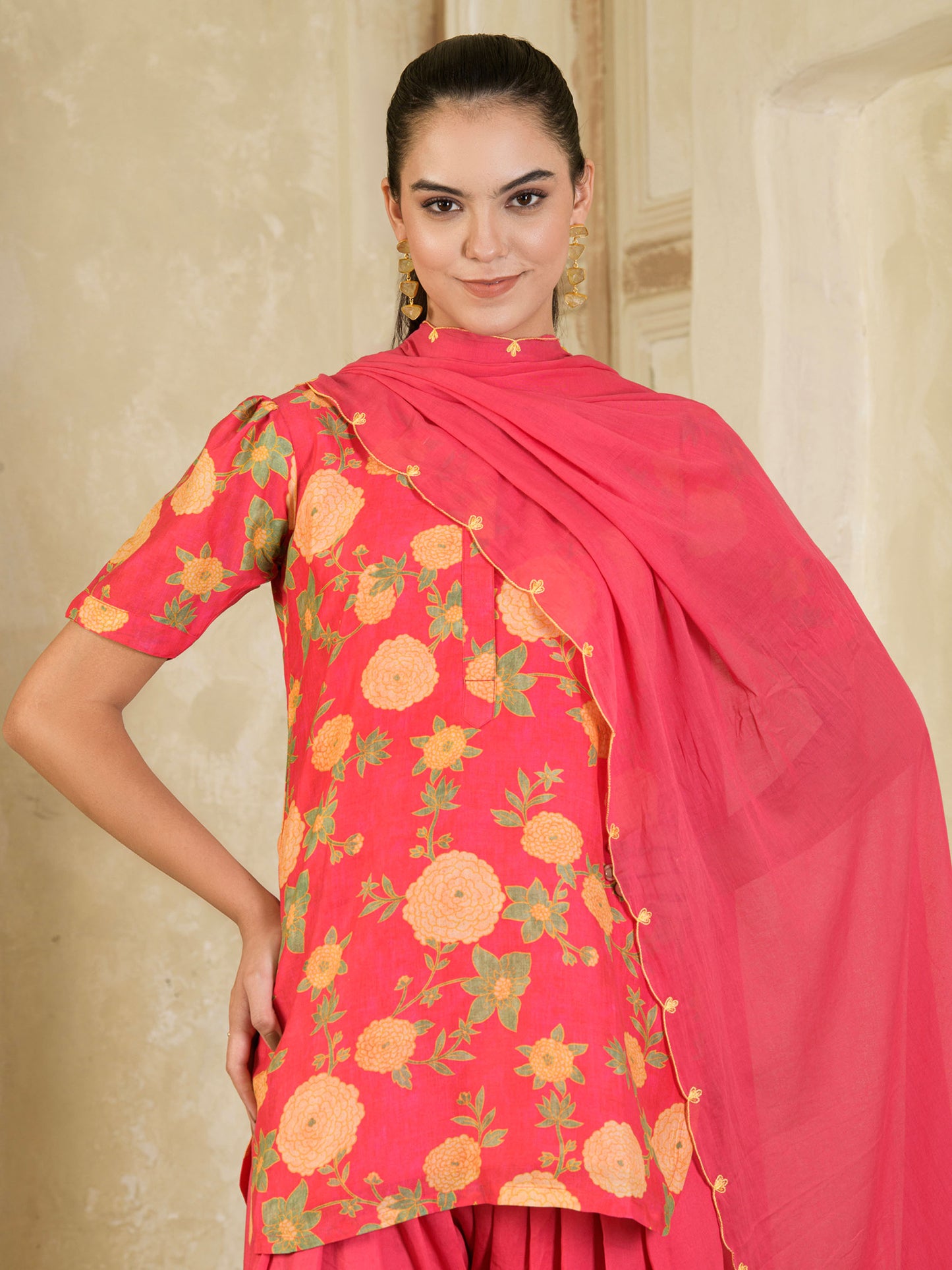 Pink Printed Farsi Salwar Kurta Set ( set of 3 )