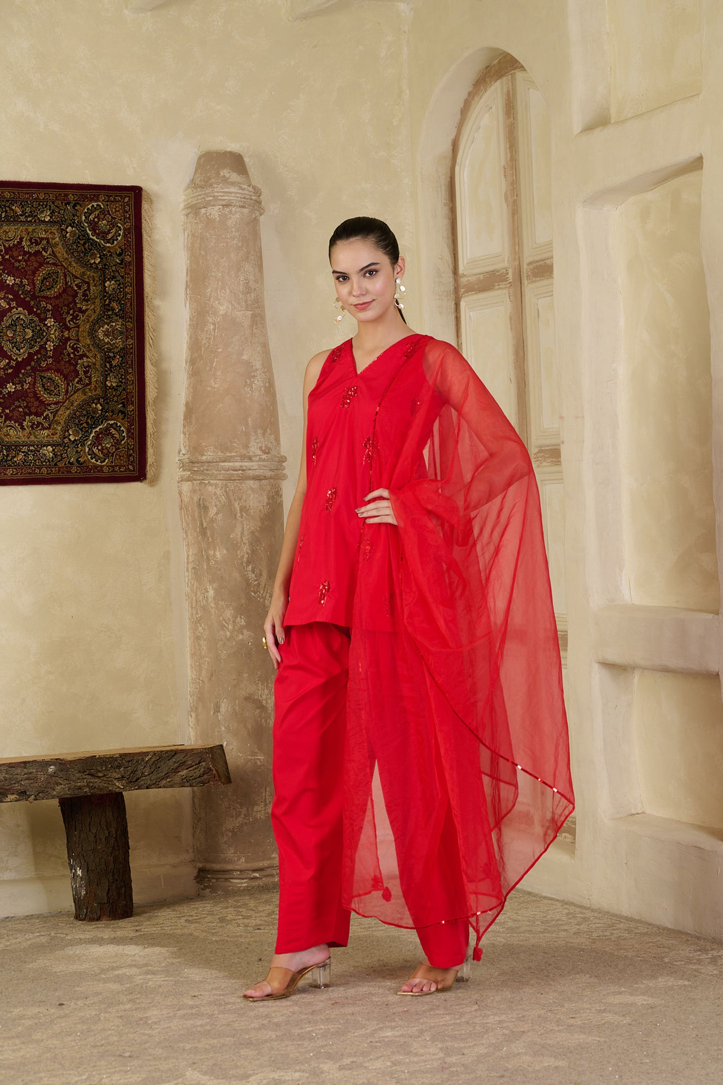 Red Hand Embroidered Farsi Salwar Kurta Set ( set of 3 )