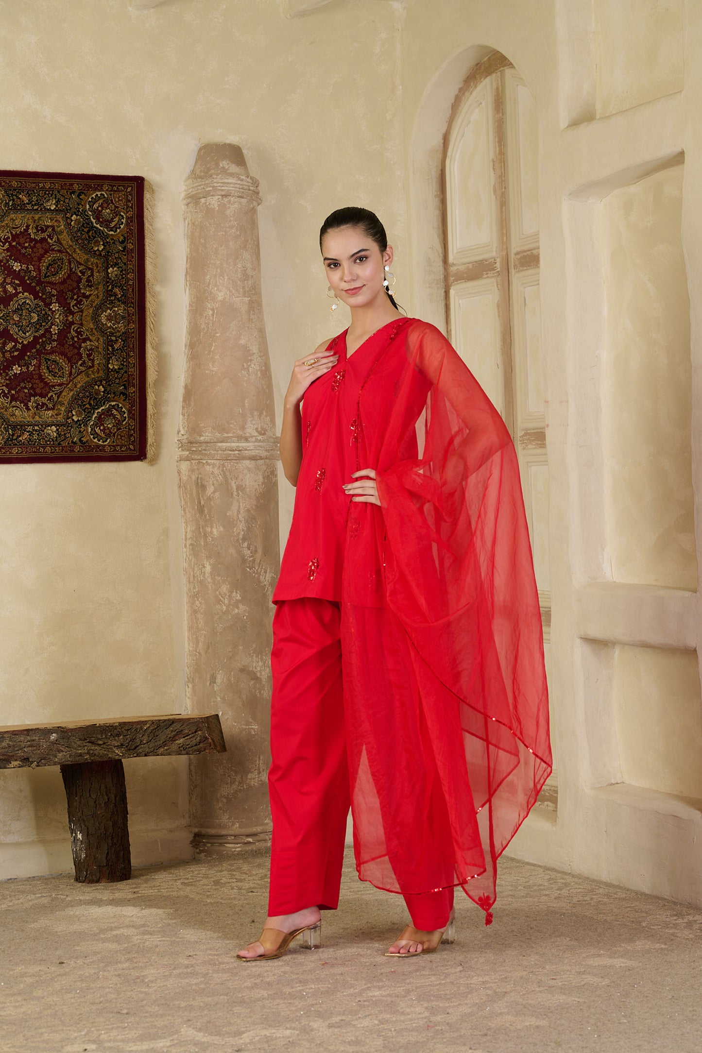 Red Hand Embroidered Farsi Salwar Kurta Set ( set of 3 )